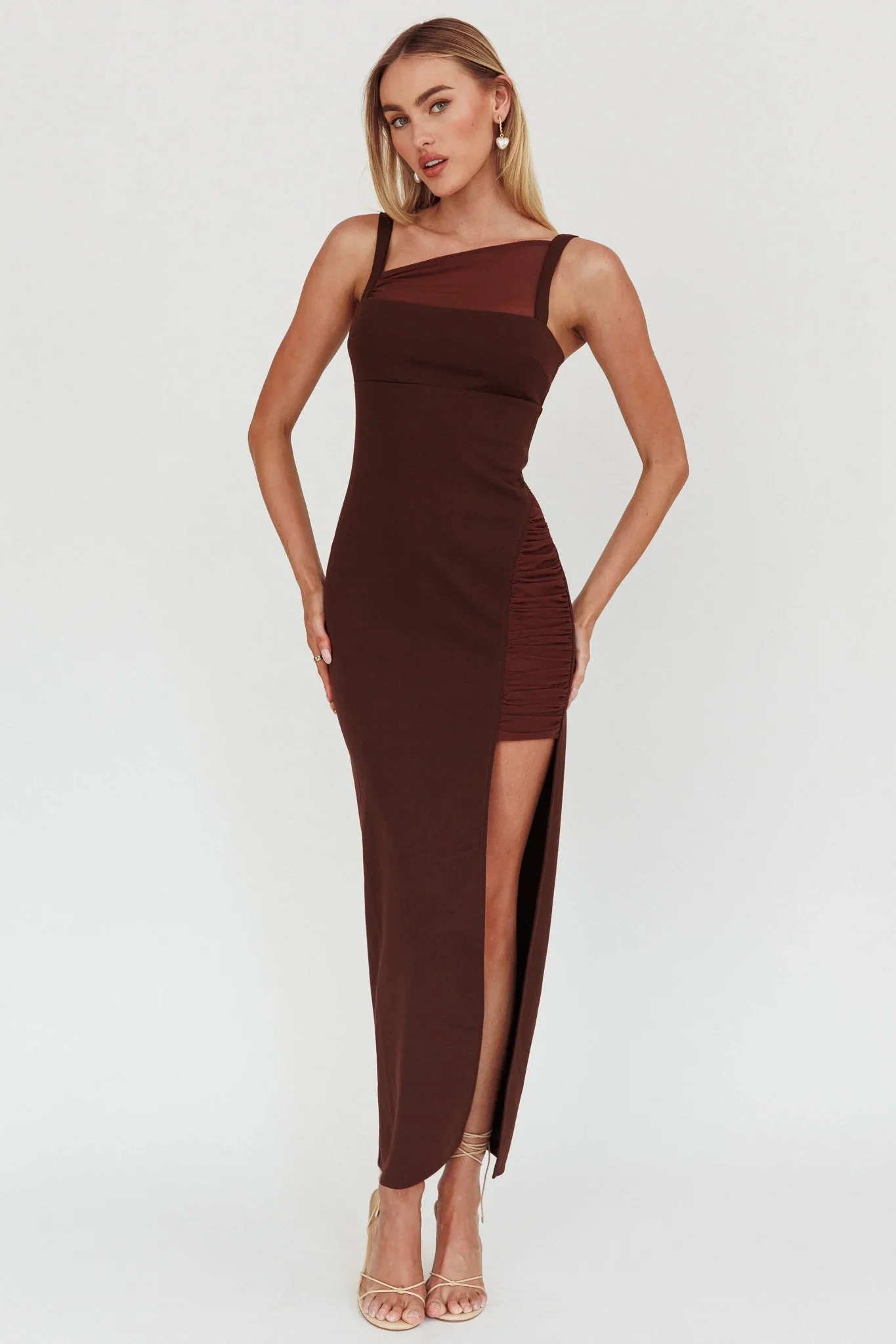 Zenya Split Ruched Maxi Dress Chocolate