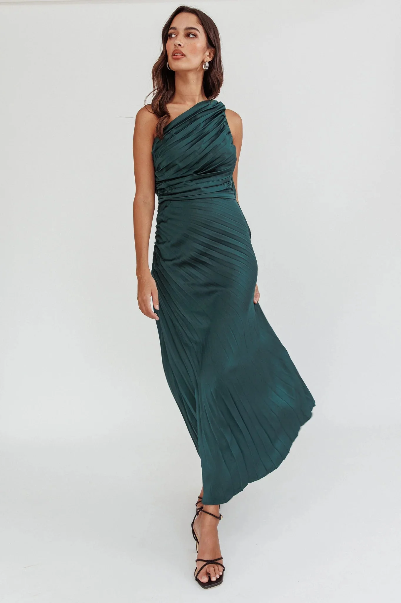 Scarlett One-Shoulder Pleat Maxi Dress Green