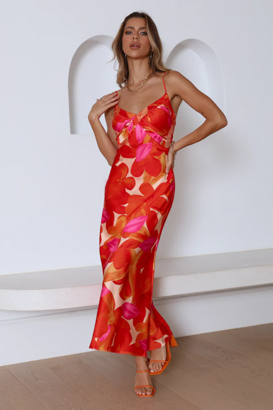 Having Fun Satin Midi Dress Red