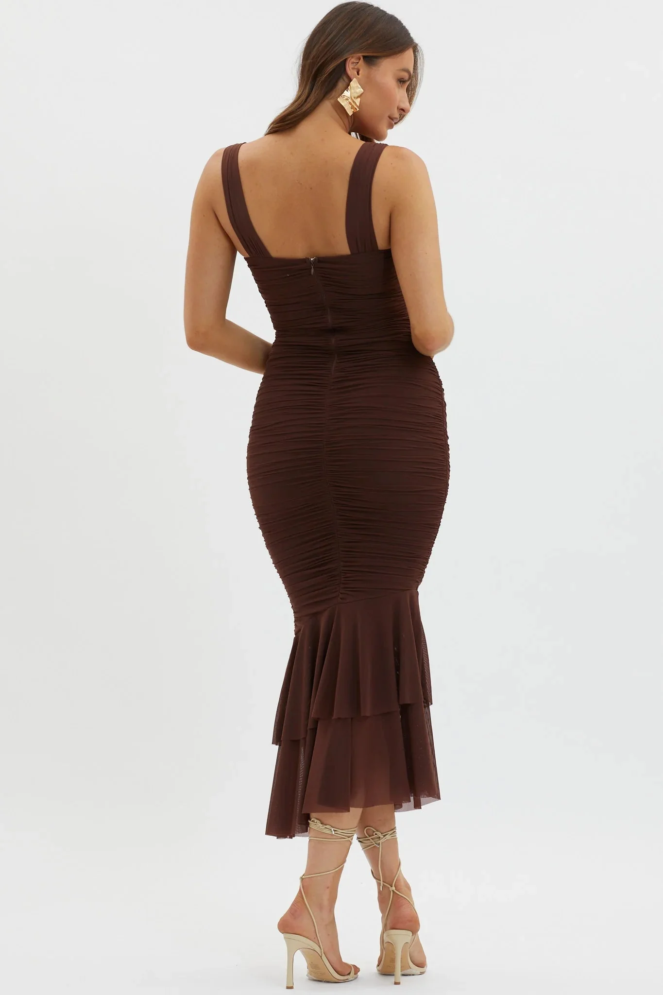 Nadia Ruched Fishtail Maxi Dress Chocolate