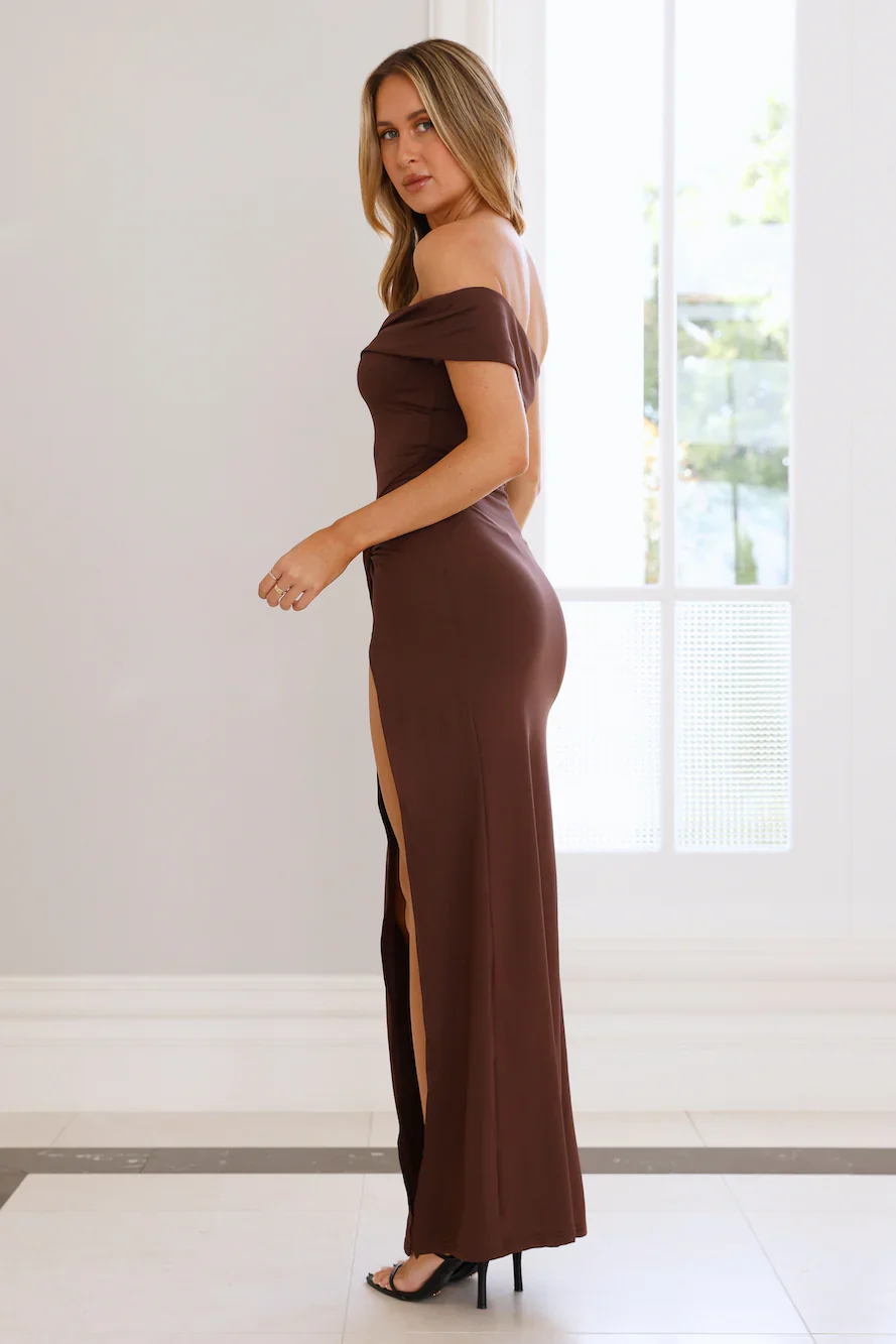 Lavish Luxe Off Shoulder Maxi Dress Brown