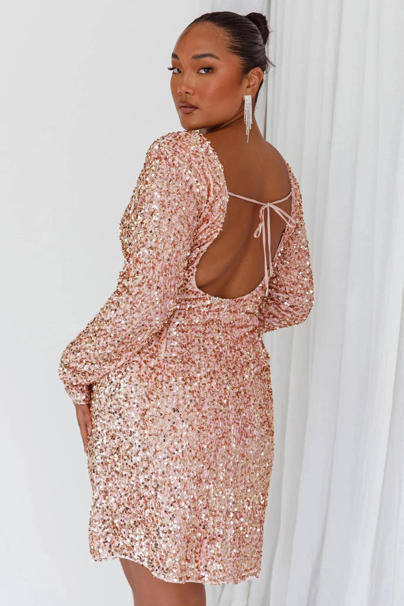 Demure Long Sleeve Open Back Dress Sequin Blush