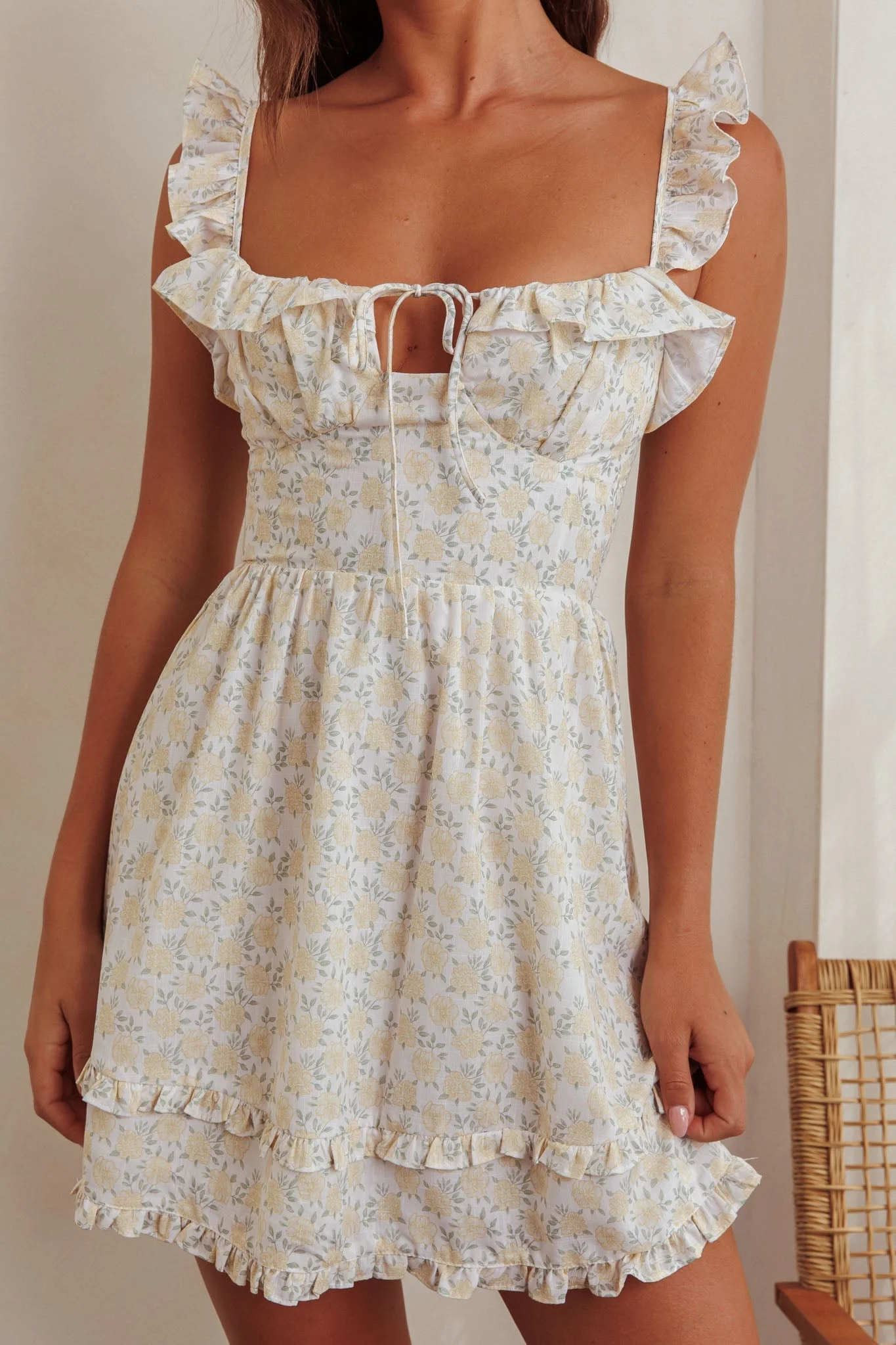 Doe Tied Bust Frill Mini Dress Floral Yellow