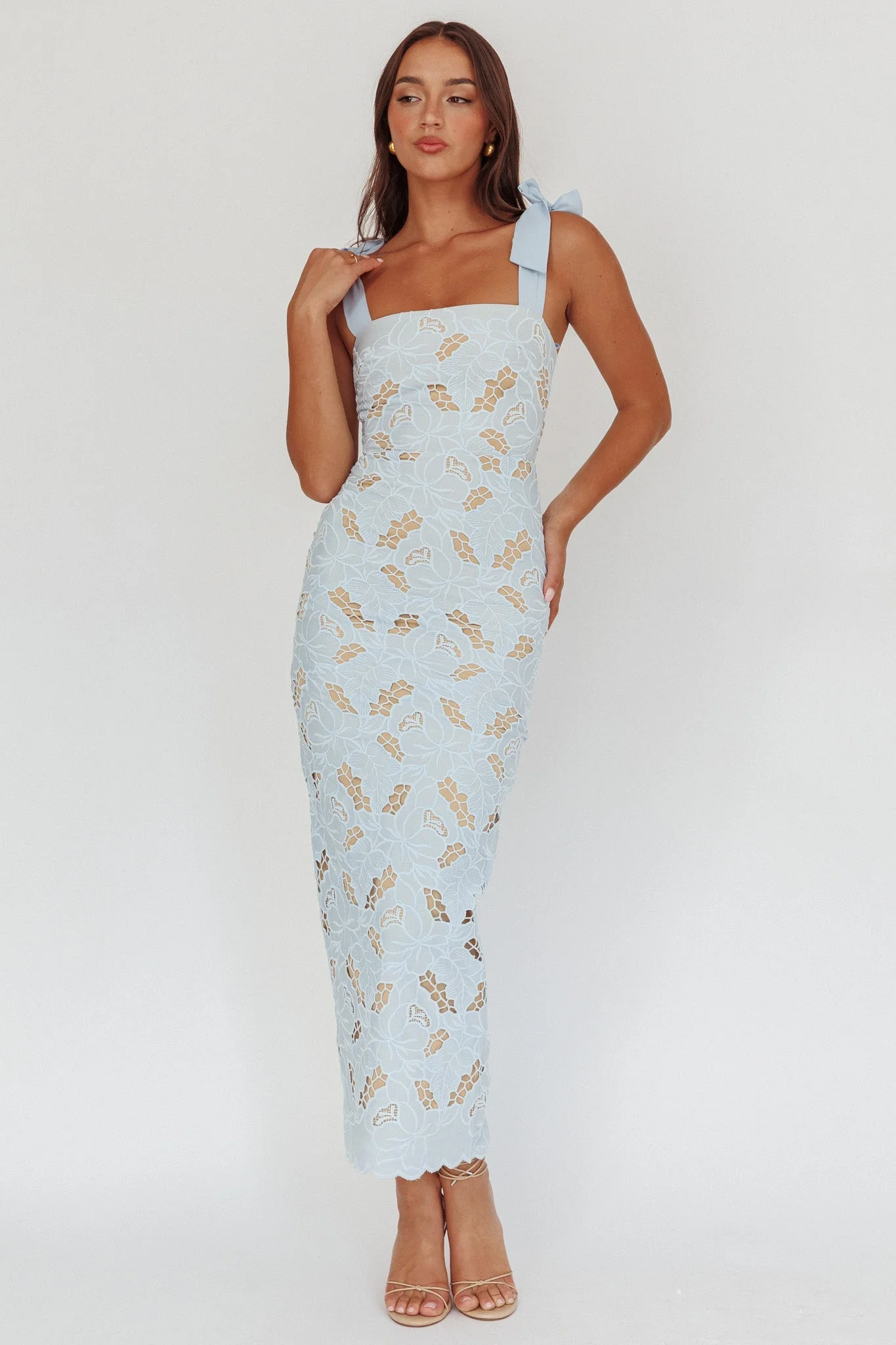 Coastal Bloom Tied Shoulder Maxi Dress Embroidered Baby Blue