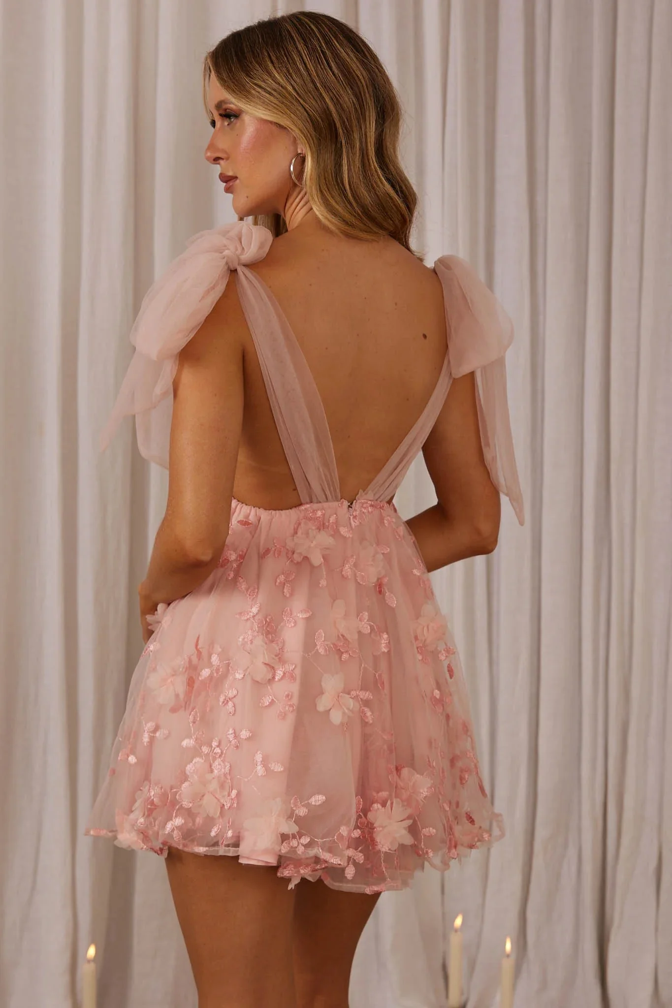 Chantilly Tied Shoulder Mini Dress Pink