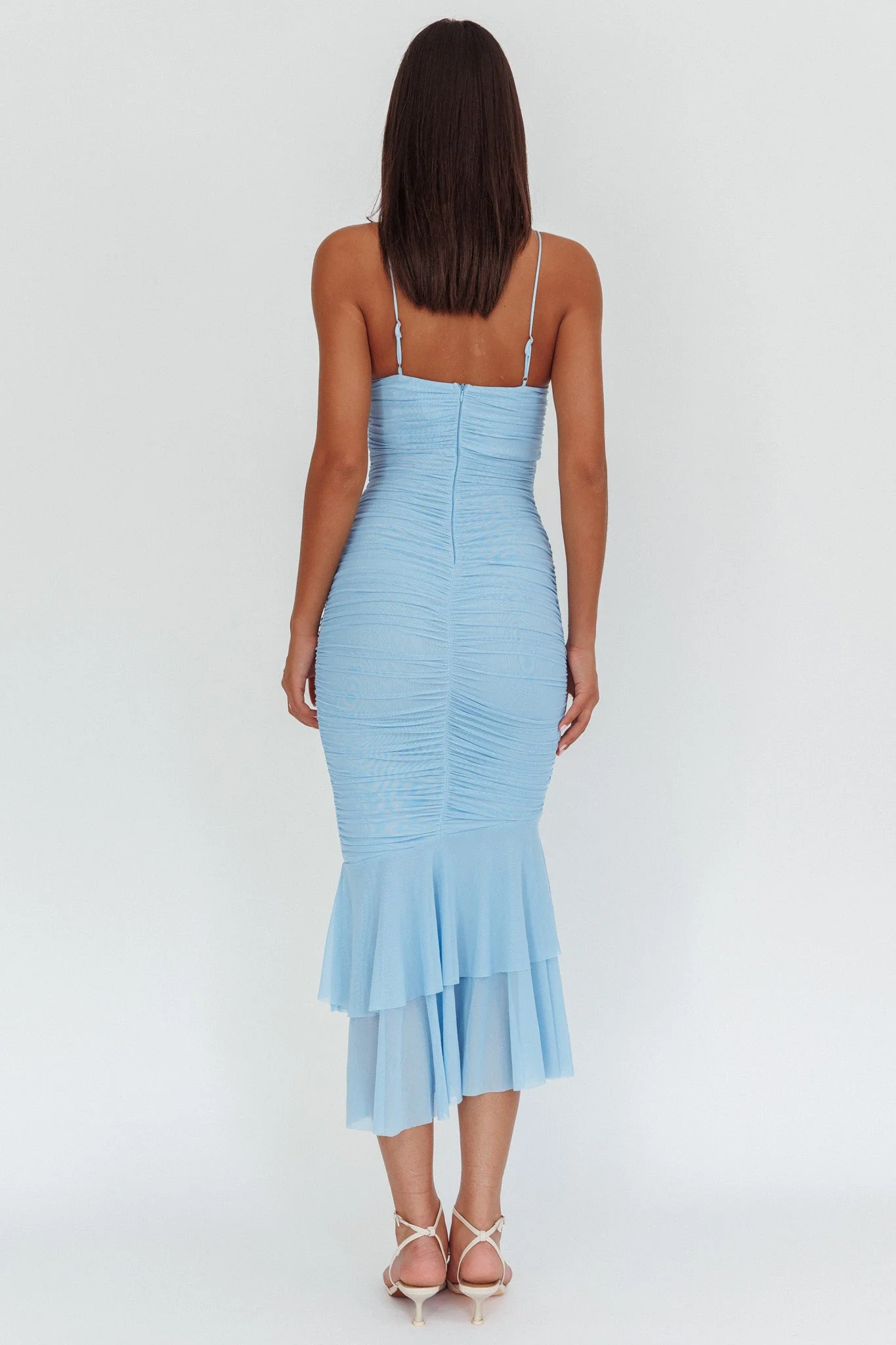 Nadia Ruffle Neckline Ruched Midi Dress Blue