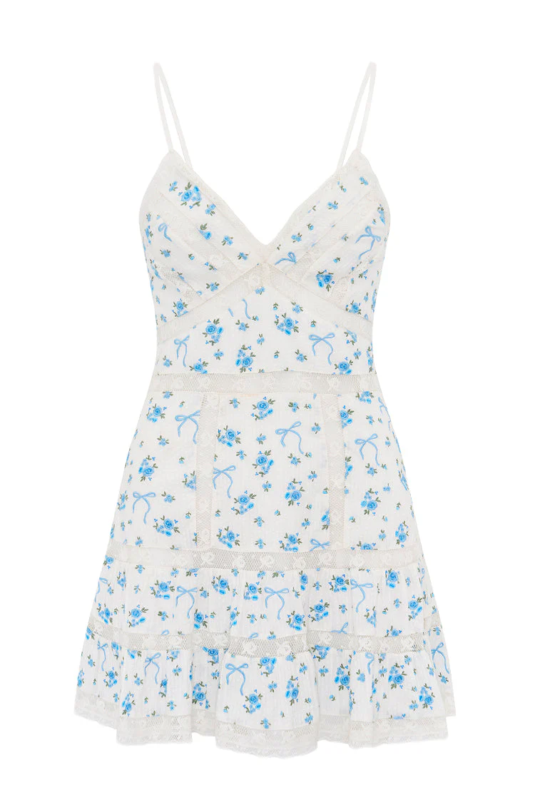Solbina Cotton Rose & Bow Mini Dress - AEGEAN BLUE