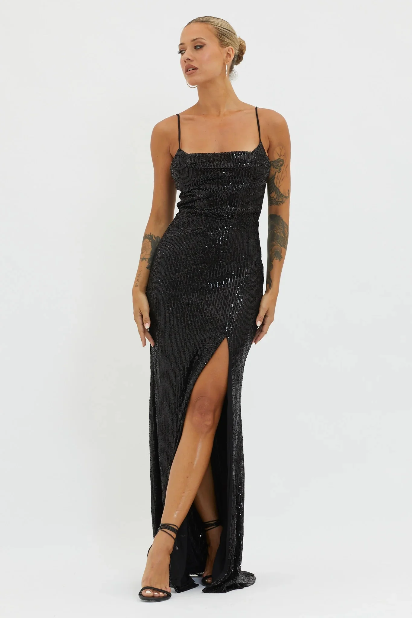 Kerene Spit Sequin Maxi Dress Black