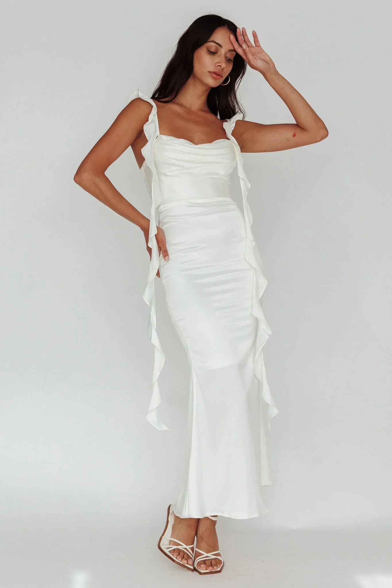 Blushing Ruffle Trim Midi Dress Oyster