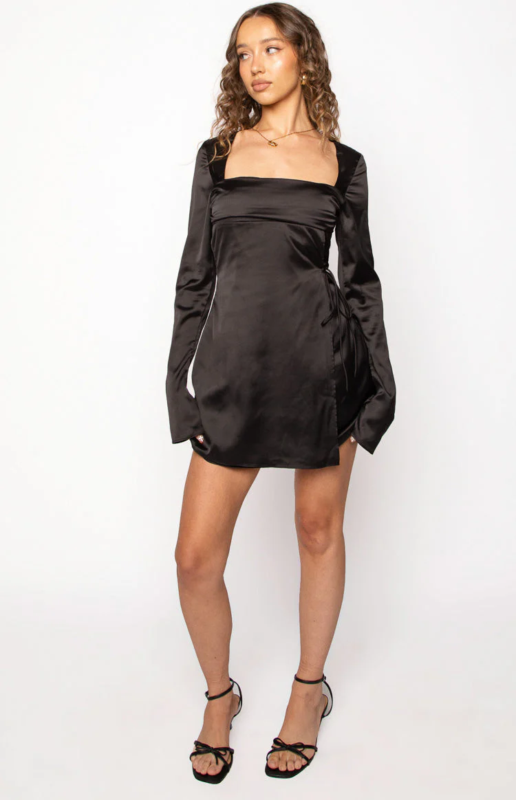 Lucy Black Satin Long Sleeve Mini Dress