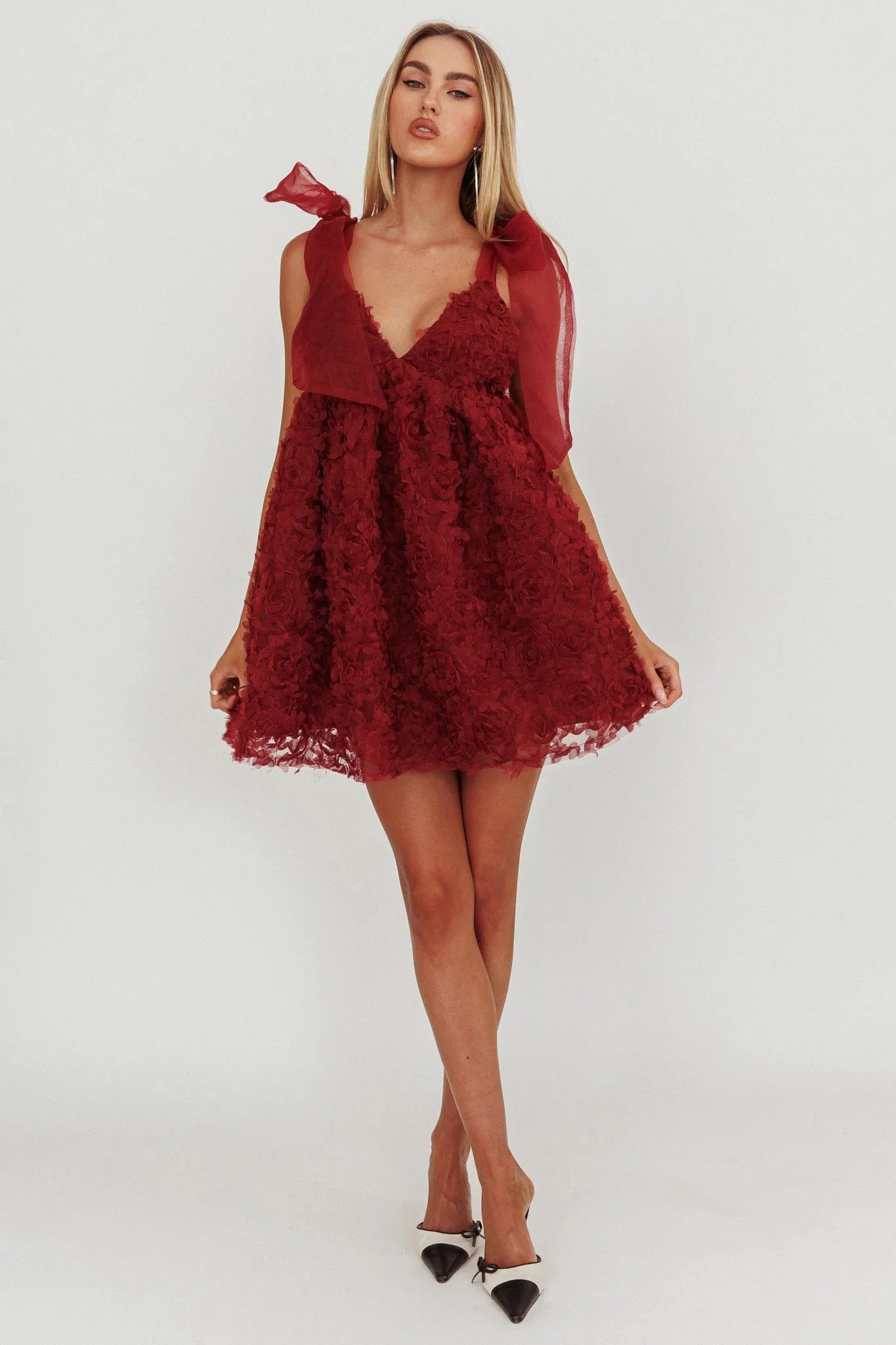 Lisette Tied Shoulder Embellished Mini Dress Wine