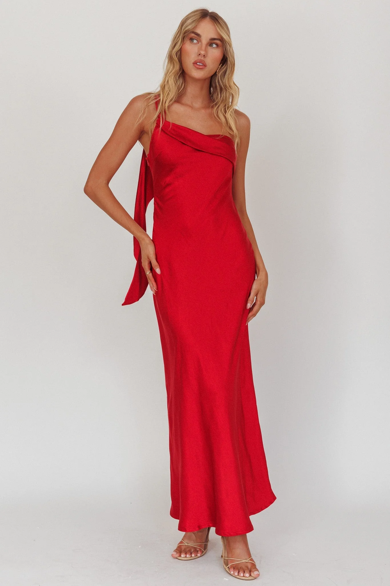 Carmel One-Shoulder Sash Maxi Dress Cherry
