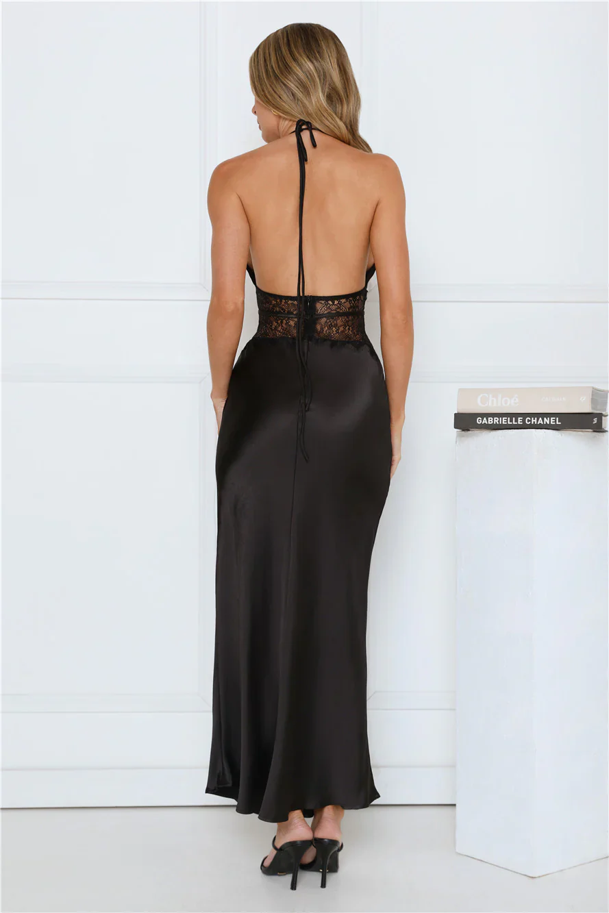 Ibiza Twilight Satin Lace Maxi Dress Black