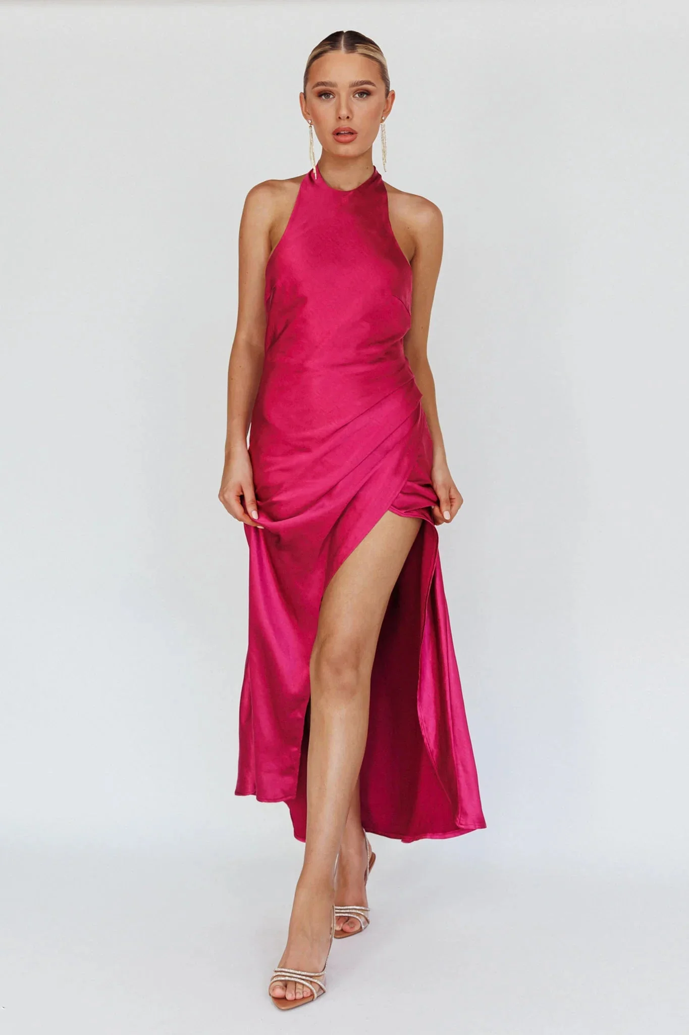 Sonoma Halterneck Faux Wrap Twist Back Maxi Dress Fuchsia