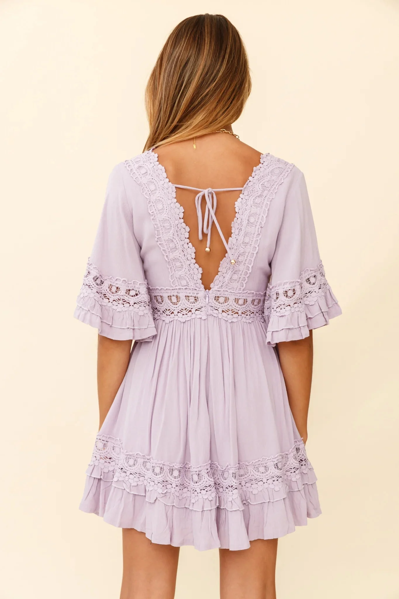 Kauai V-Neckline Crochet Lace Trim Dress Lilac