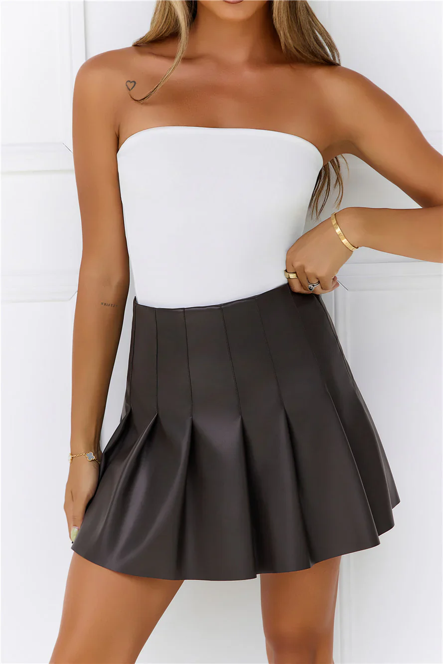 Hold On Tight Faux Leather Pleated Mini Skirt Brown