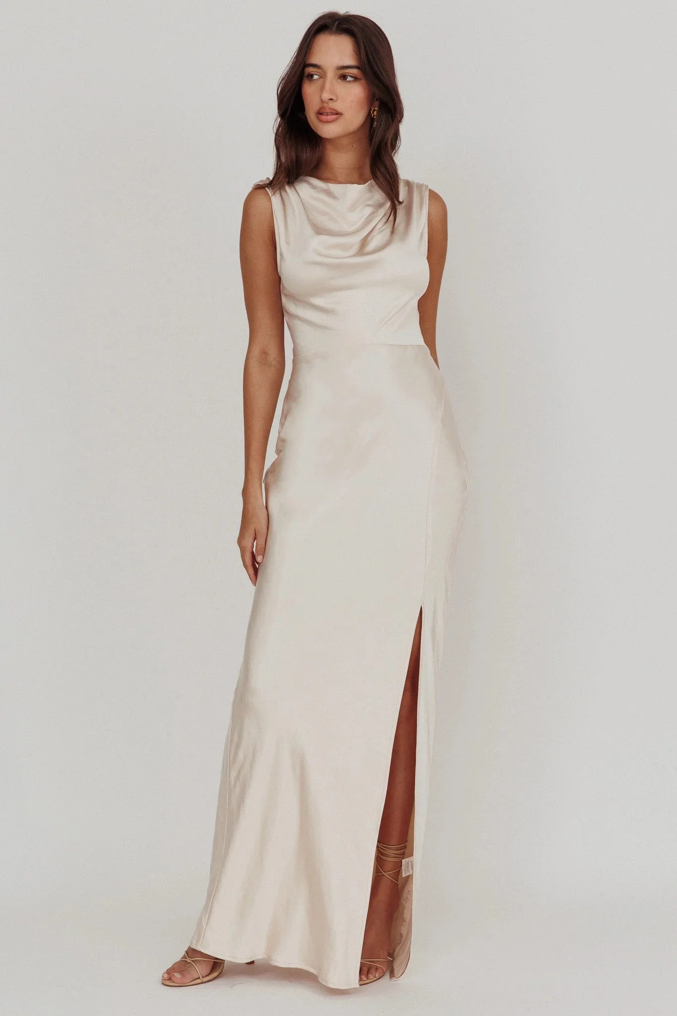 Jinora Cowl Neck Leg Slit Satin Maxi Dress
