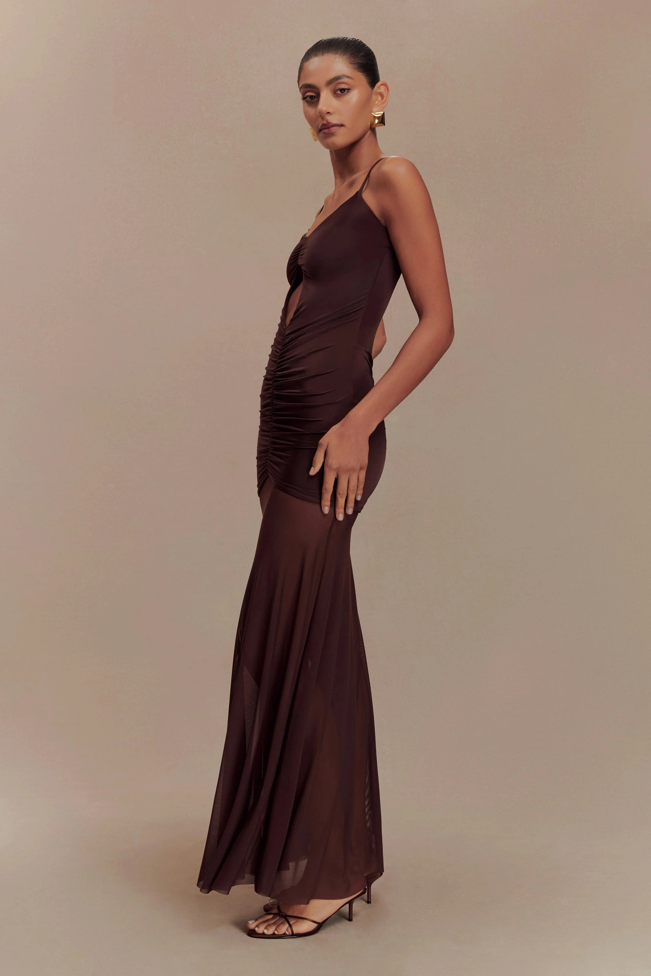 Delaney Slinky And Mesh Maxi Dress - Chocolate