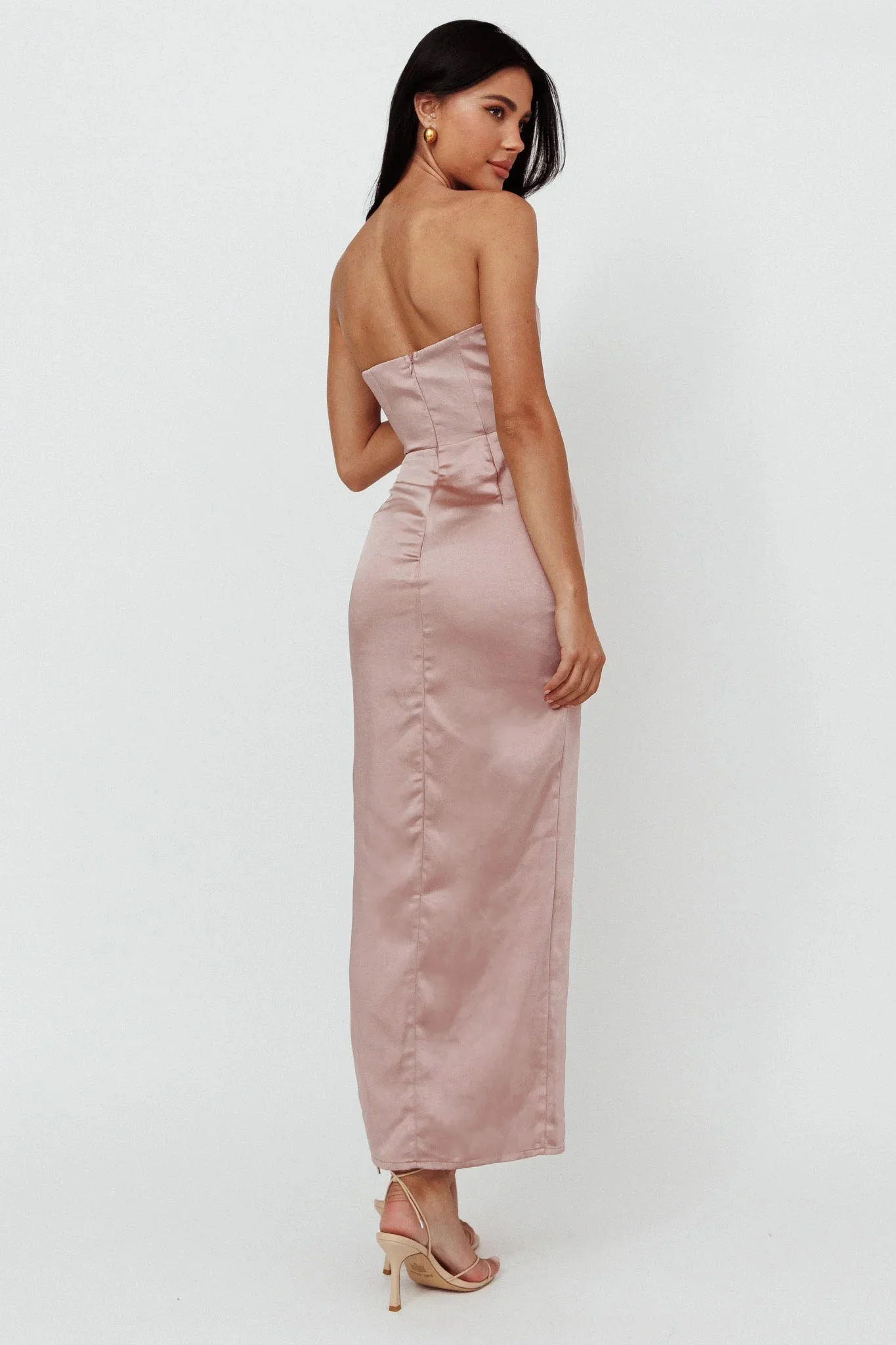 Winter Moon Strapless Lace Trim Midi Dress Dusty Pink