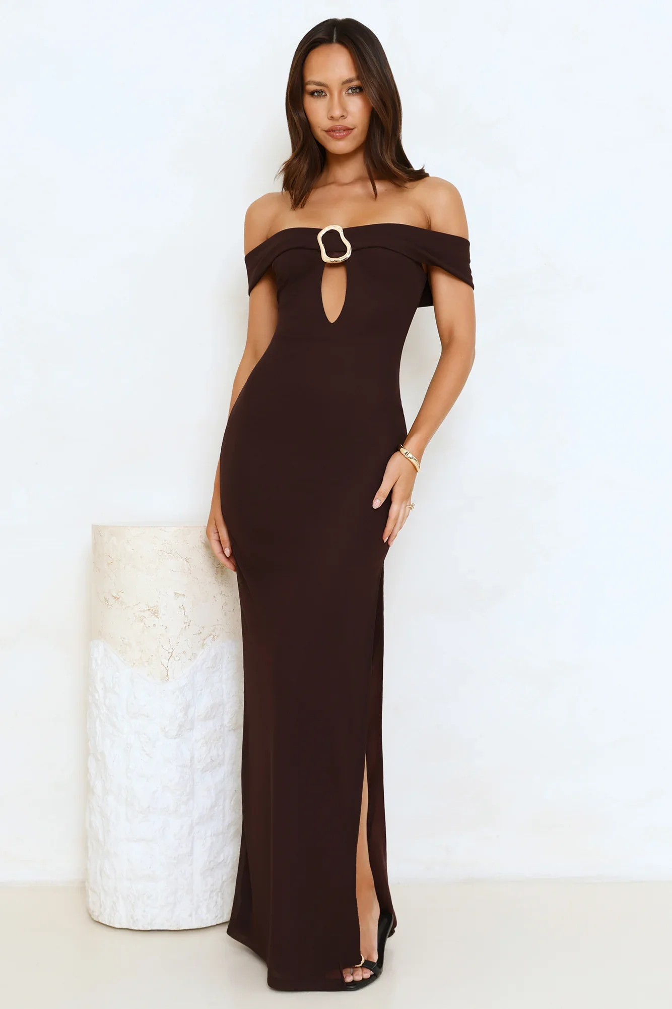High End Highlights Off Shoulder Maxi Dress Brown