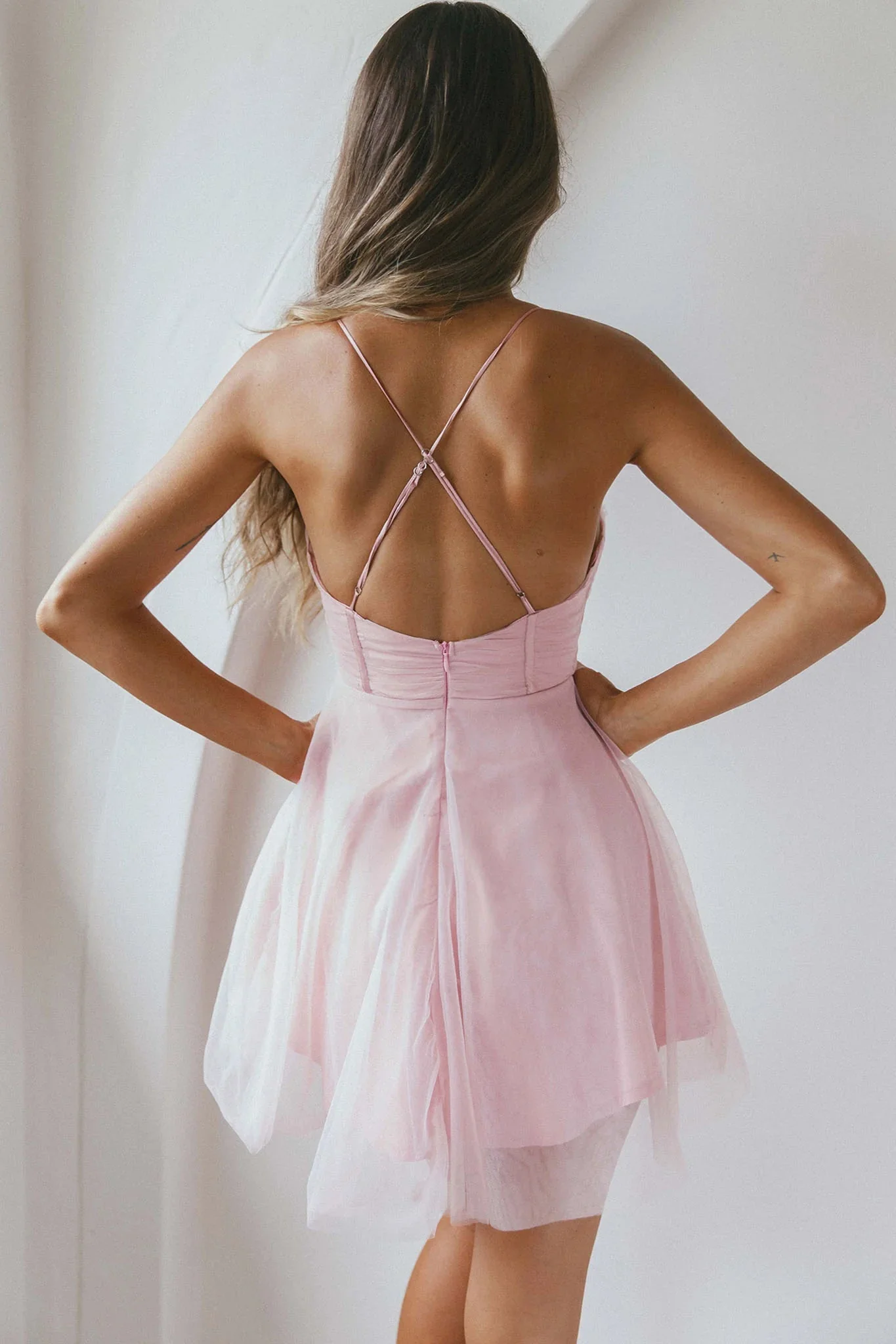 Smitten Sweetheart Neckline Chiffon Mini Party Dress Blush