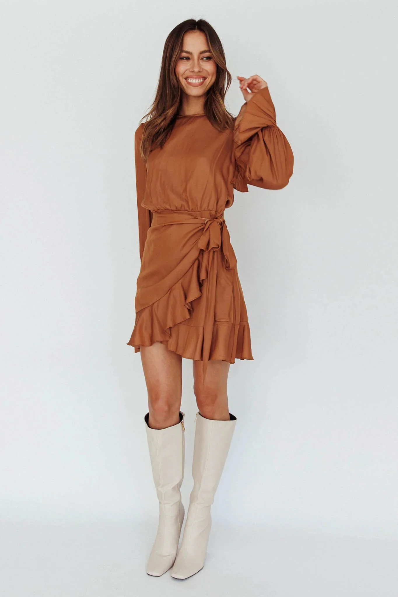 Darla Long Sleeve Satin Dress Tan