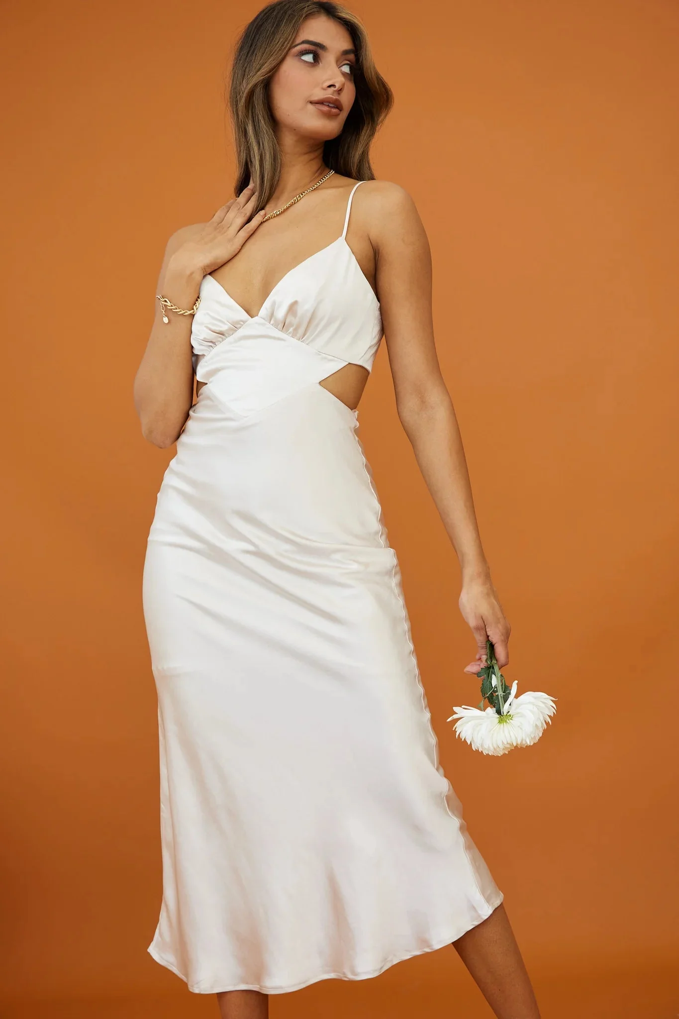 City Lights Cut-Out Waist Strappy Back Midi Dress Champagne