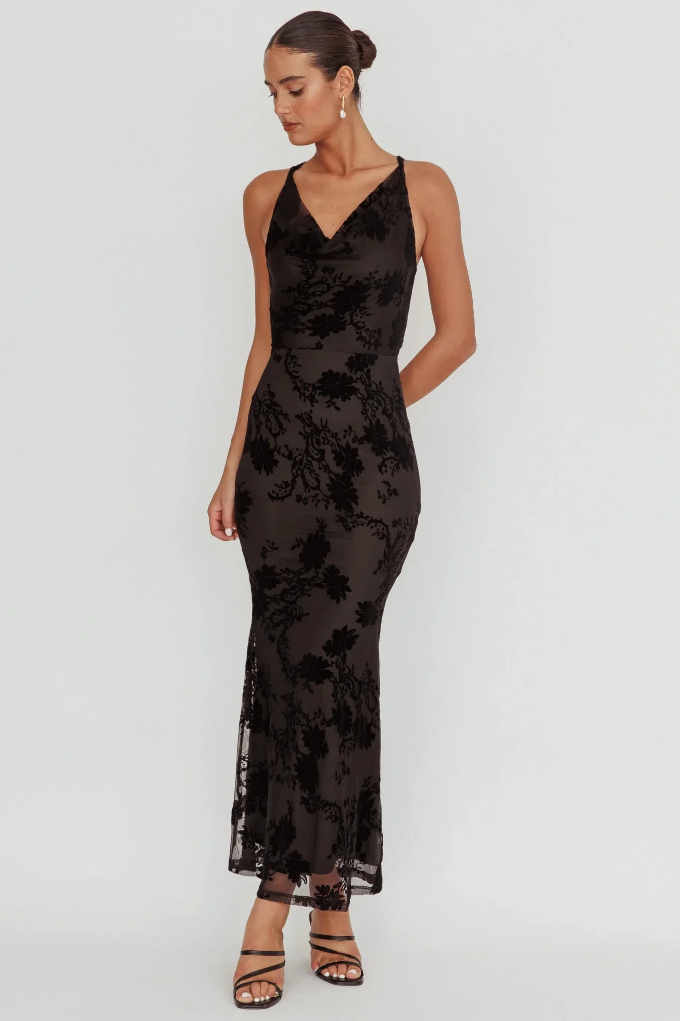 Delancy Cowl Neck Floral Maxi Dress Black