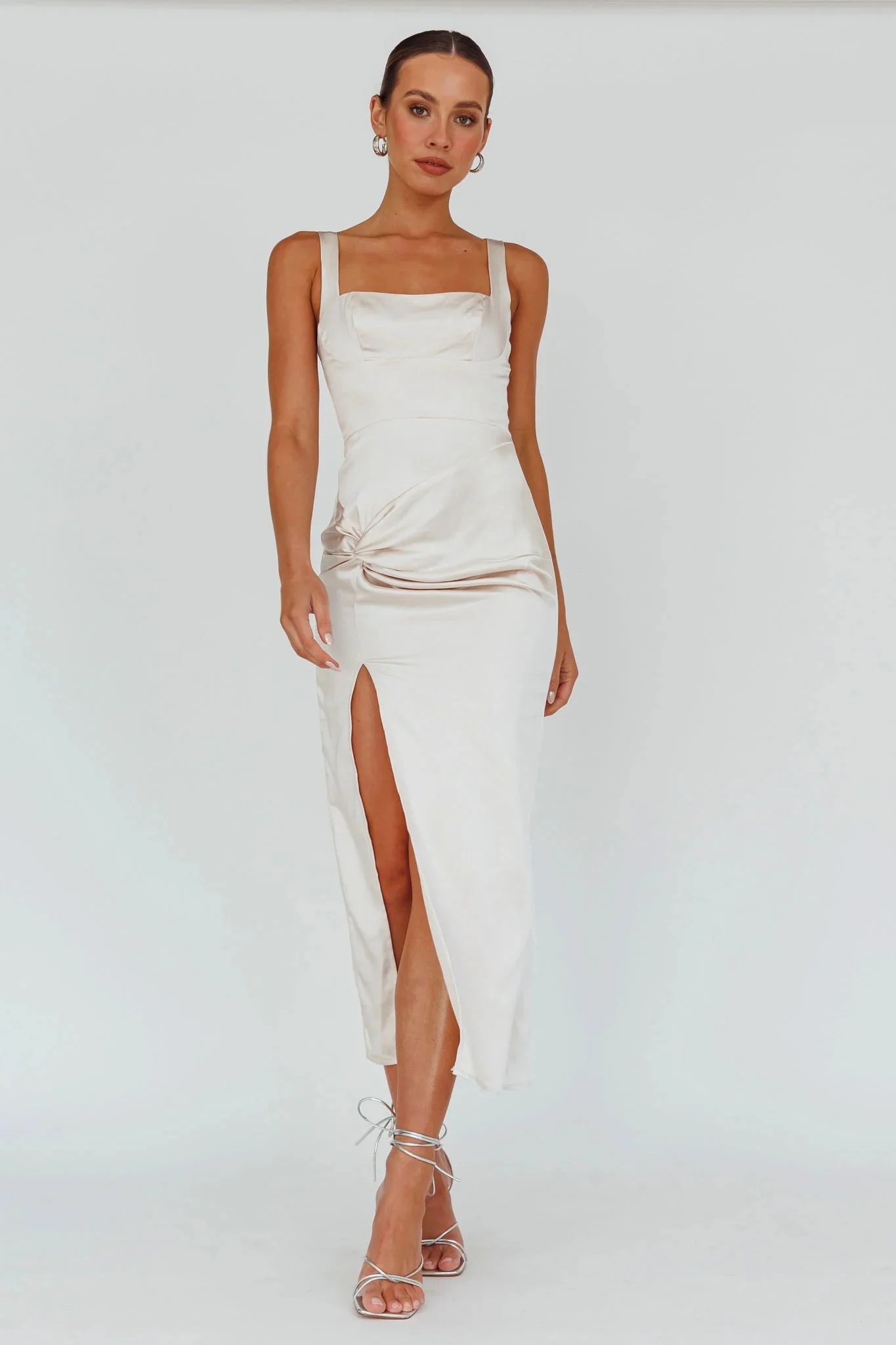 Kristin Knotted Waist Split Midi Dress Champagne