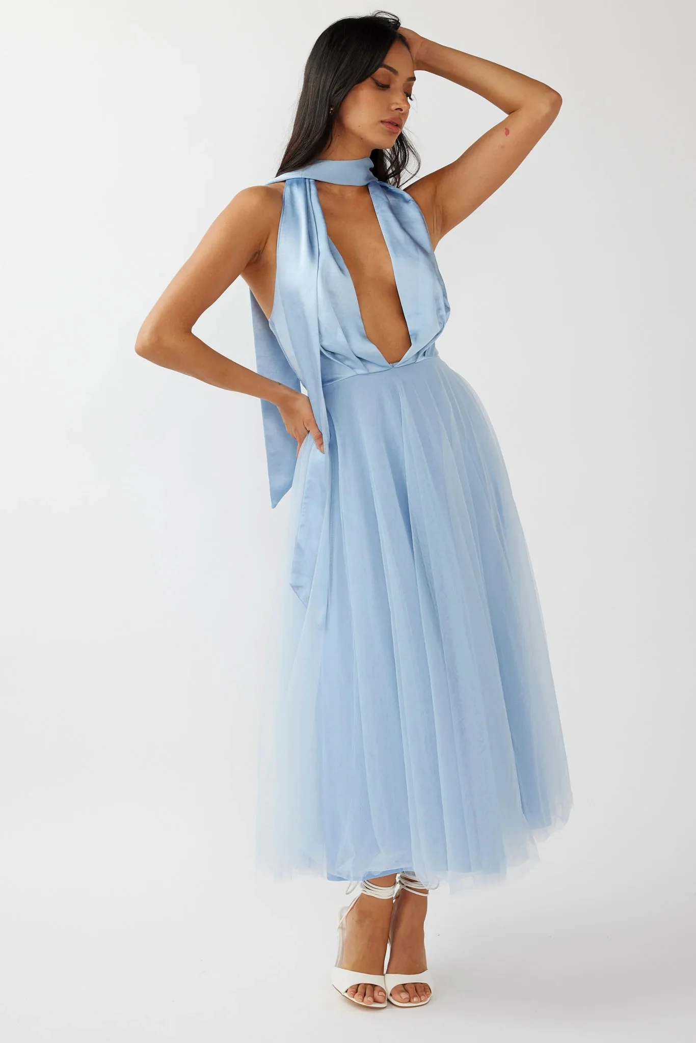 Darci Plunging Neckline Tulle Midi Dress Blue