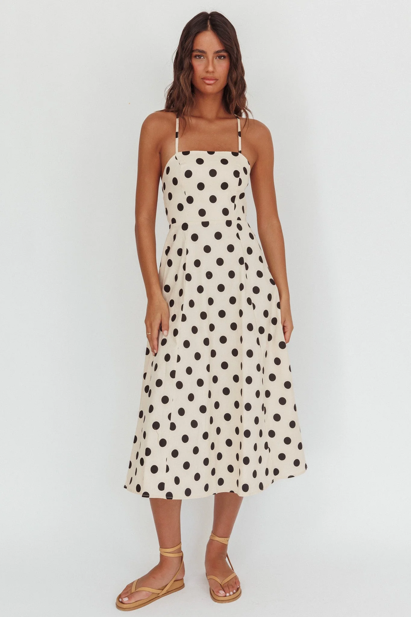Second Glance Olga Criss-Cross Back Midi Dress Polka Dot Beige