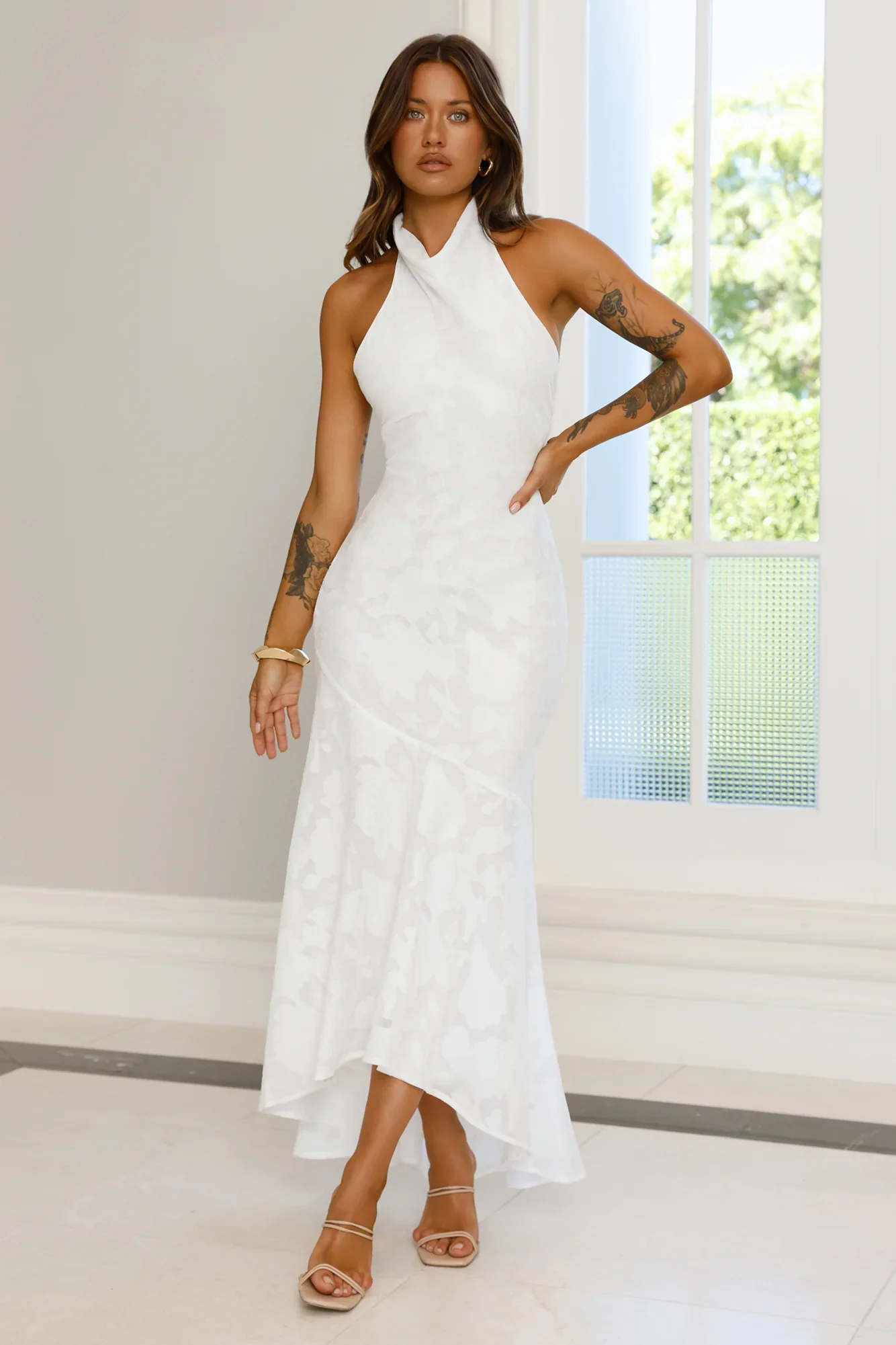 Hints Of Wildflowers Halter Maxi Dress White