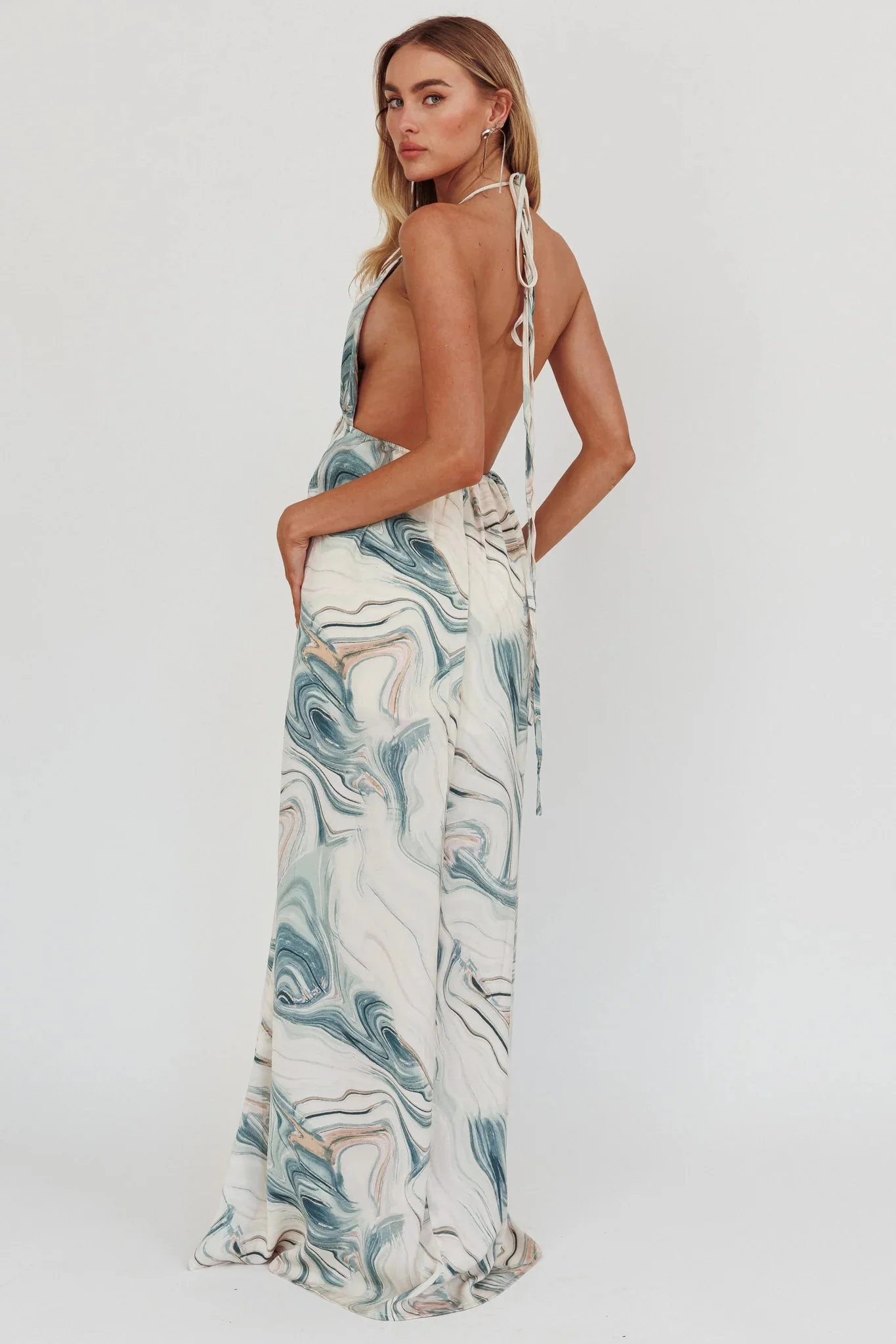 Snooze Marble Print Backless Maxi Dress Teal