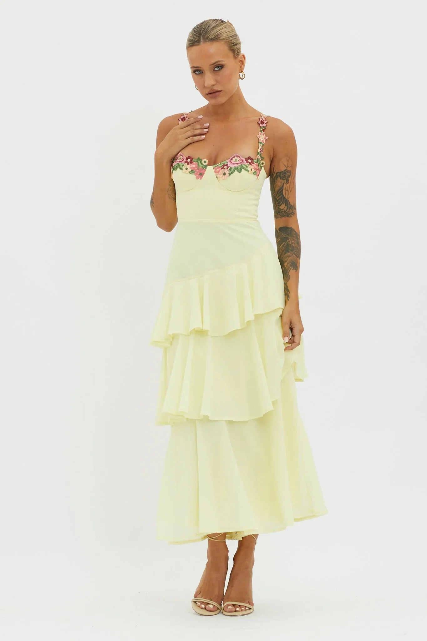 Rose Garden Tiered Ruffle Floral Trim Dress Lemon