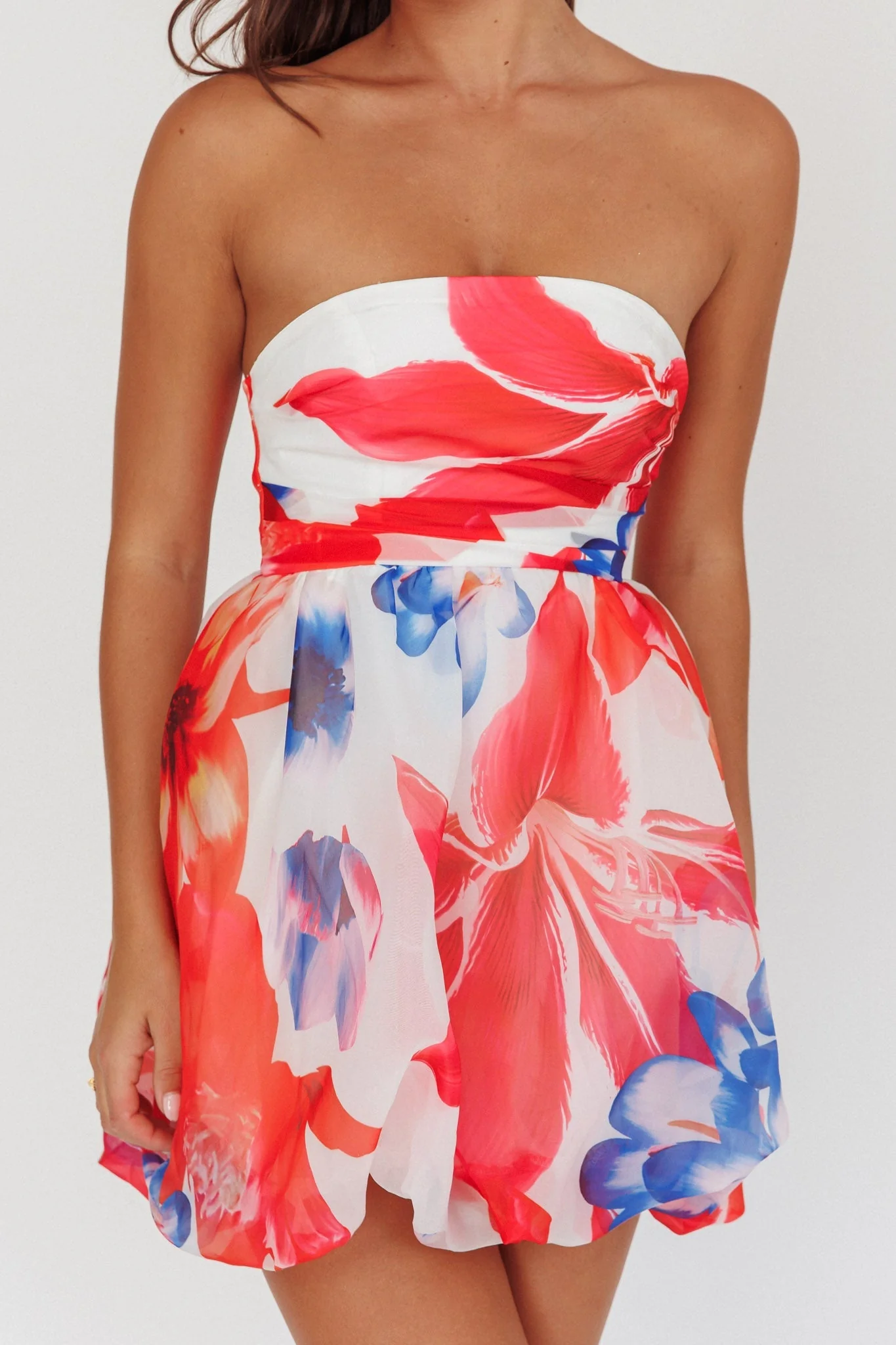 Kandi Strapless Bubble Hem Skirt Floral White