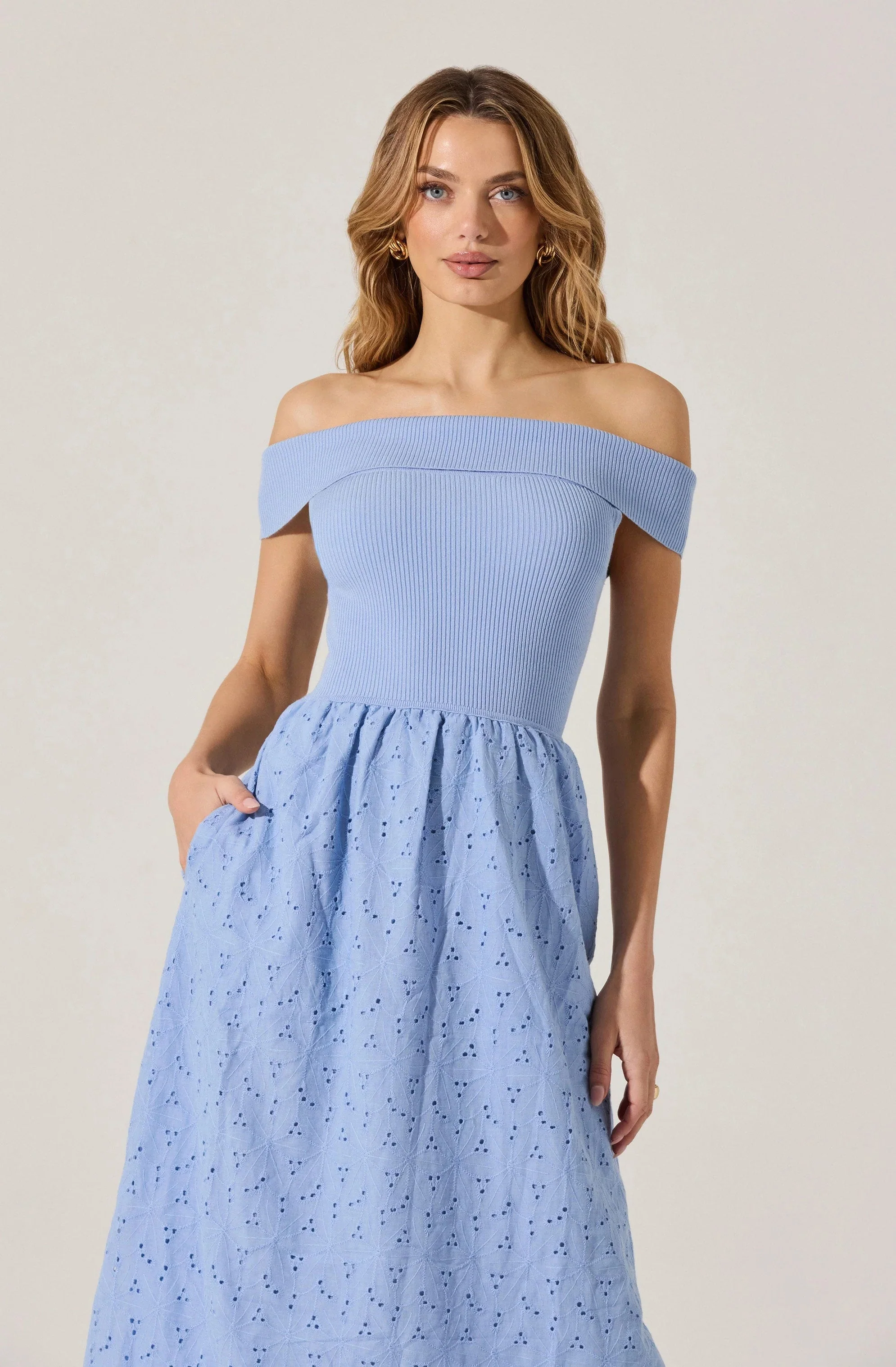 Off Shoulder Eyelet Midi Dress