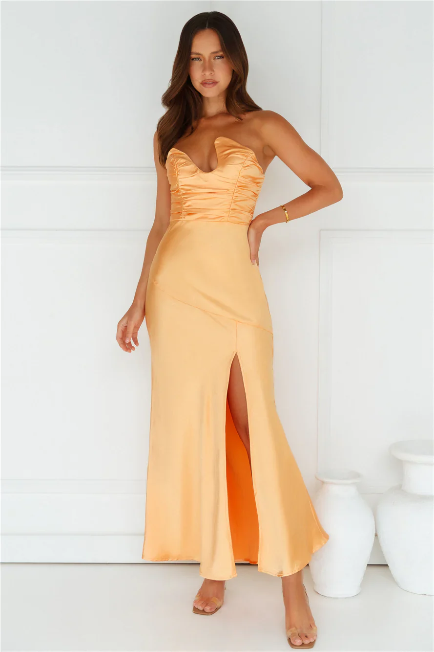 Happy Glow Strapless Satin Maxi Dress Orange