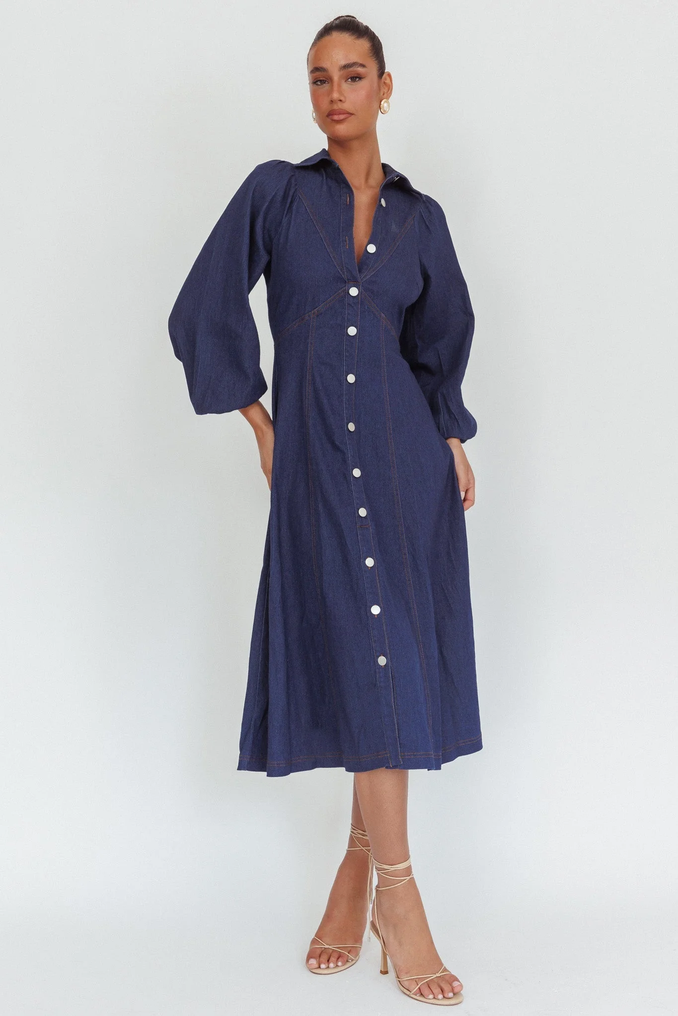 Ania Long Balloon Style Midi Dress Dark Denim