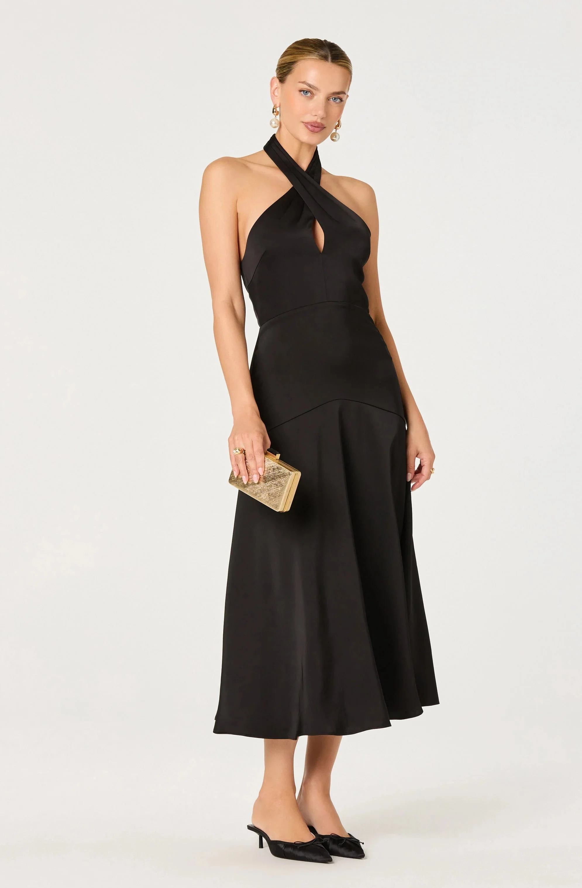 Satin Crossover Halter Midi Dress