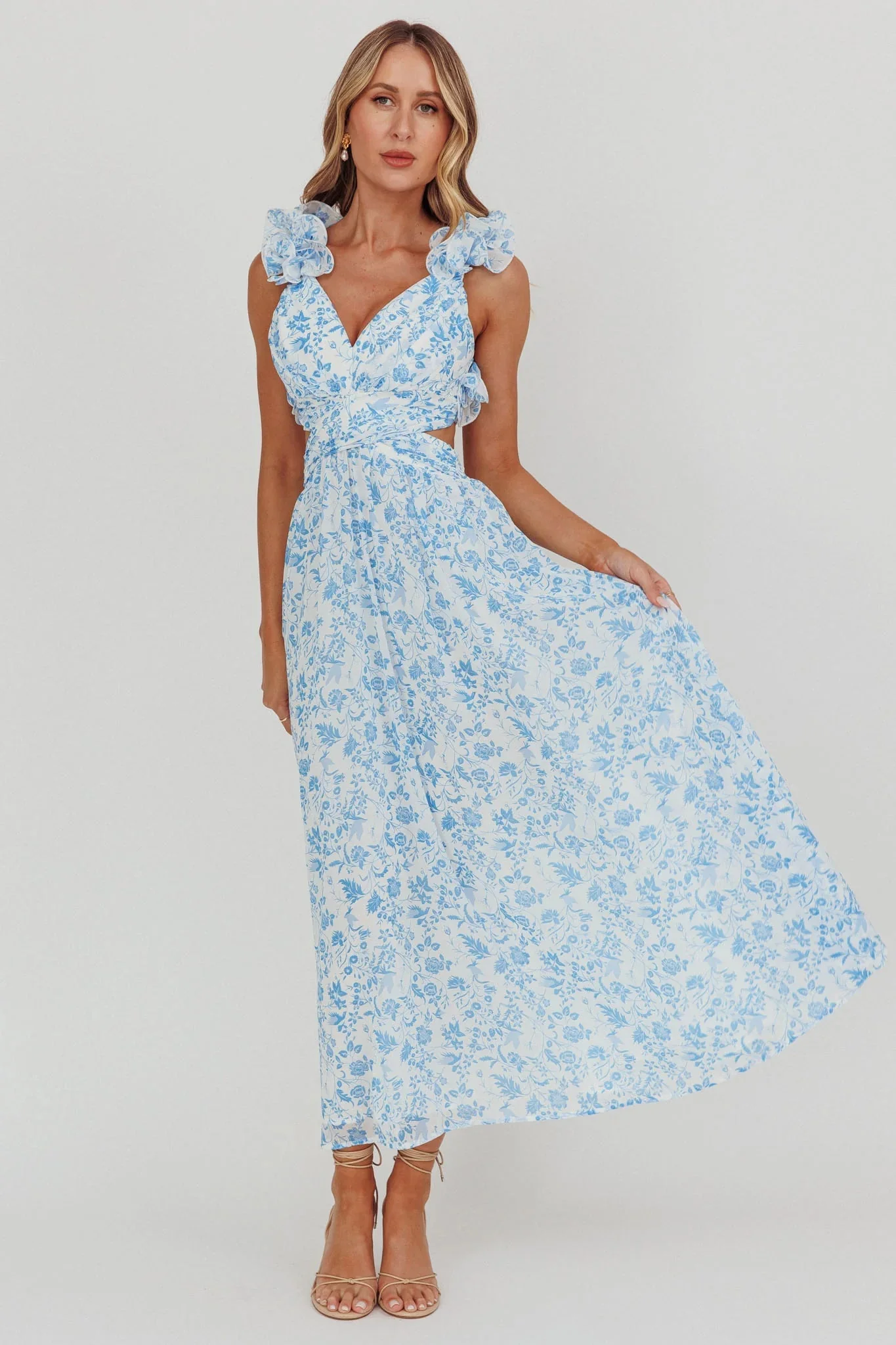 Madara Lace-Up Back Maxi Dress Flowers Blue