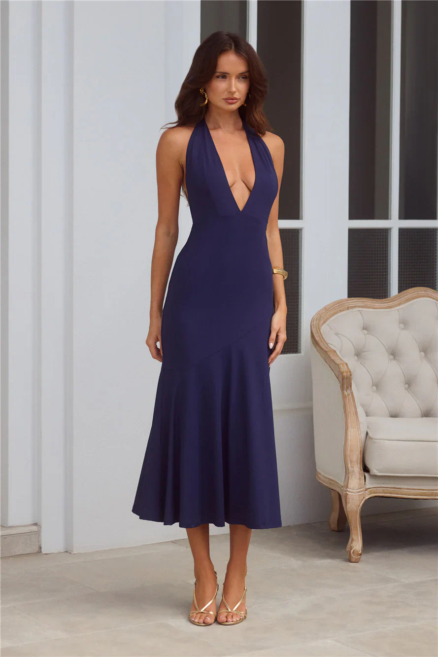 Lavish Obsession Halter Midi Dress Navy