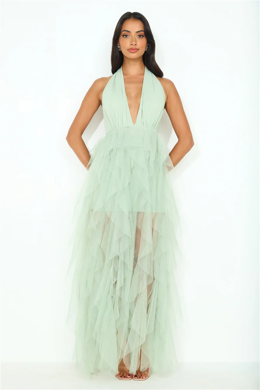Into The Middle Tulle Halter Maxi Dress Sage