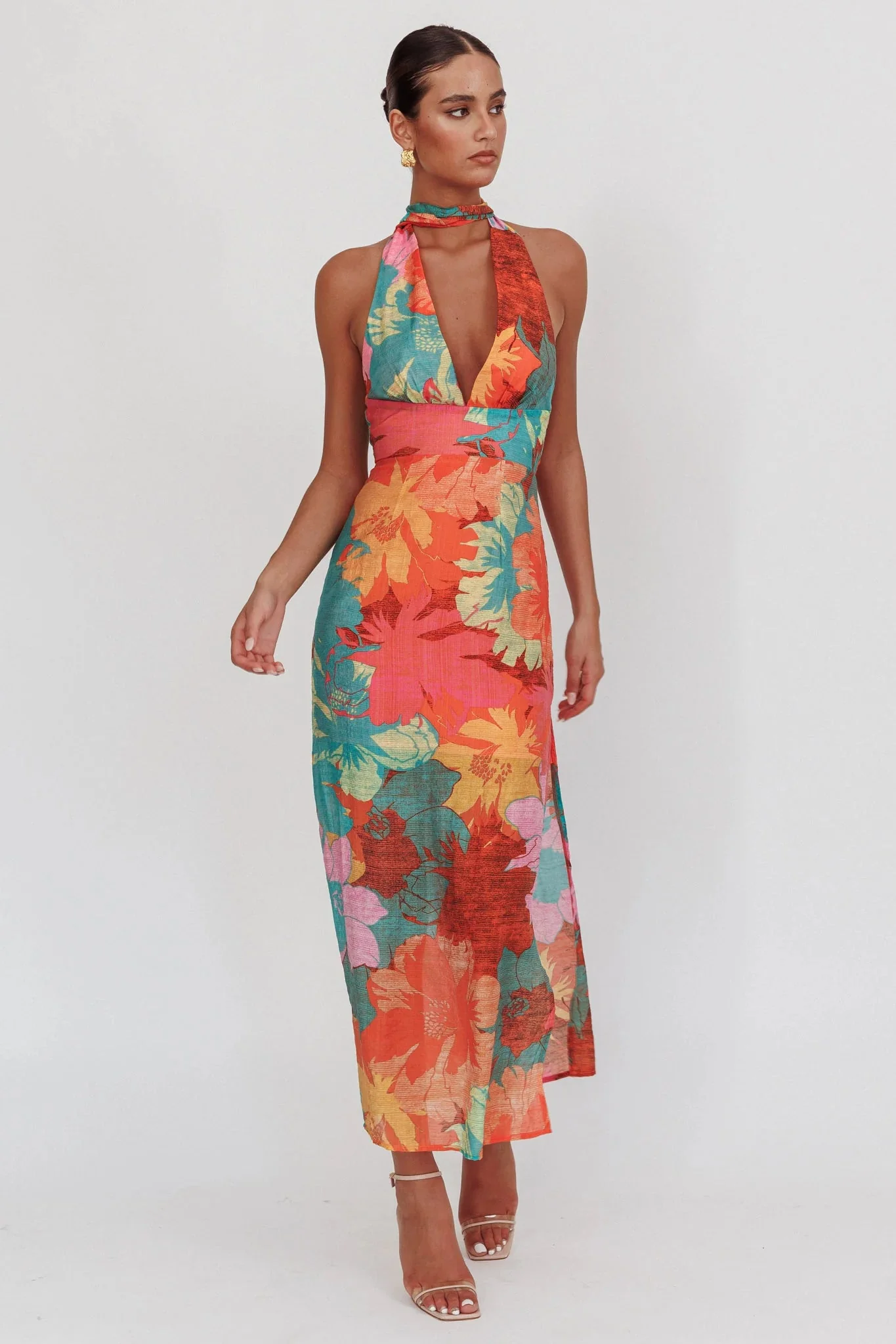 Cipriana Backless Halter Maxi Dress Floral Pink