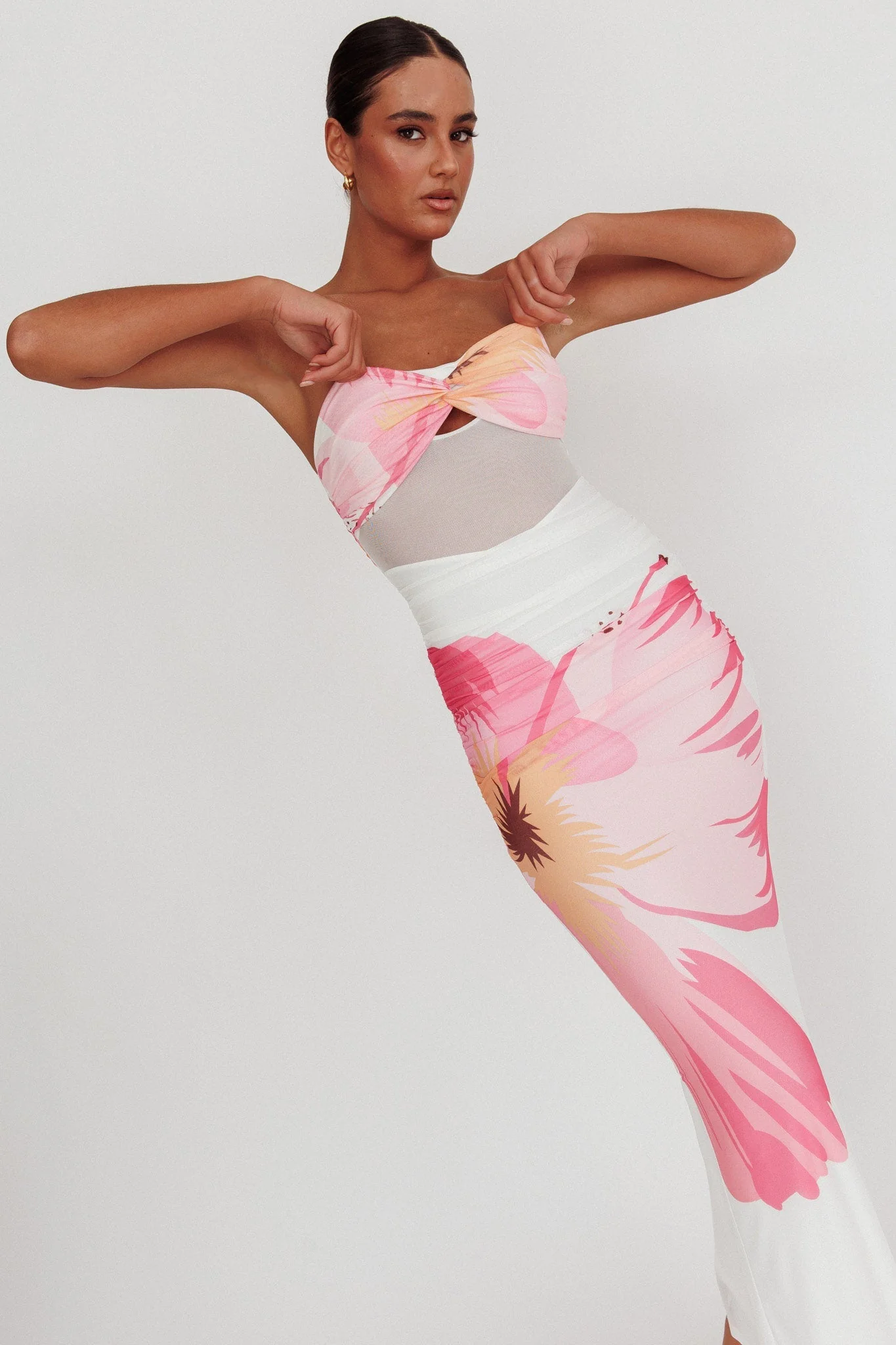 Oliana Sheer Waist Floral Maxi Dress White