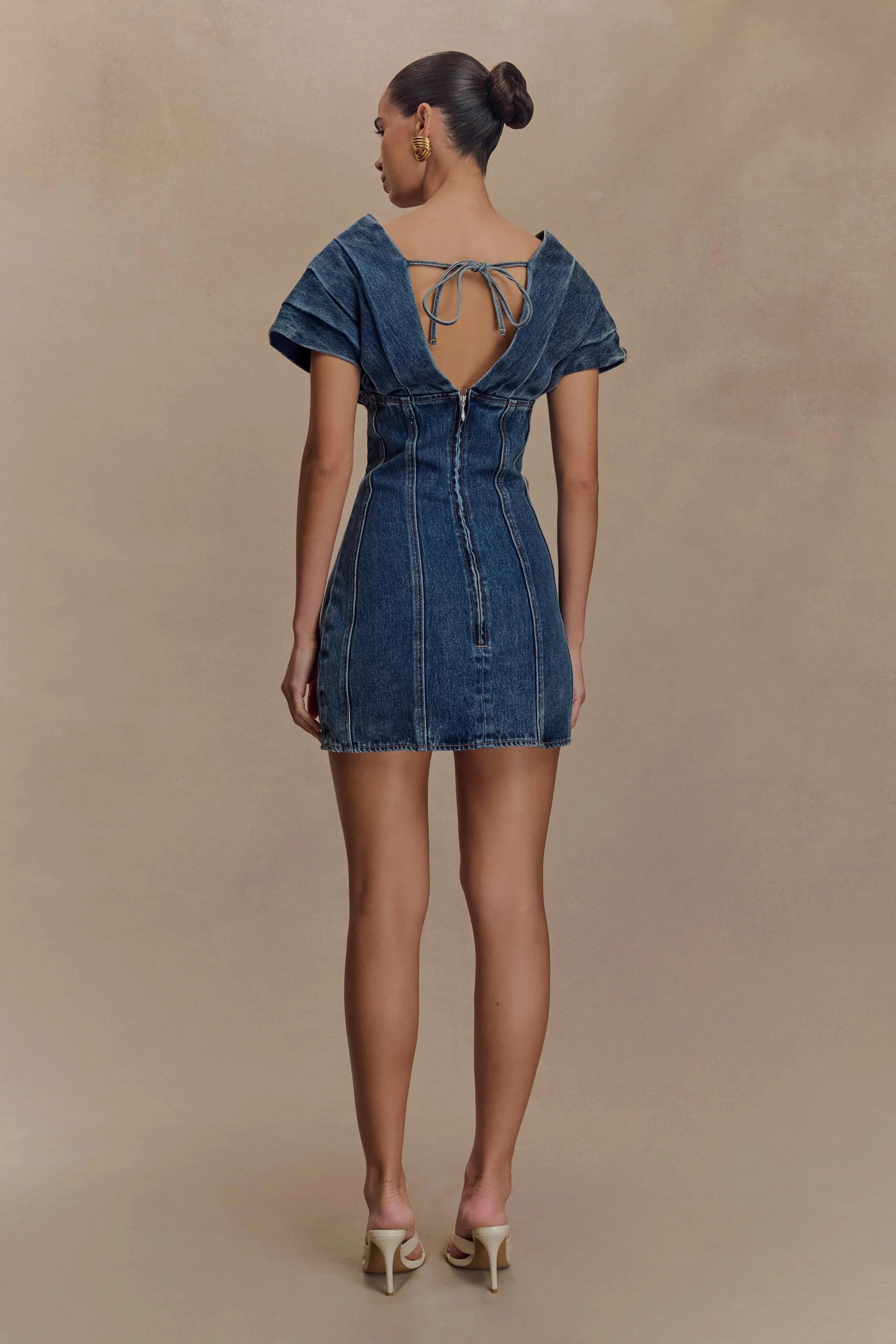 Pascale Off Shoulder Denim Mini Dress - Washed Dark Blue