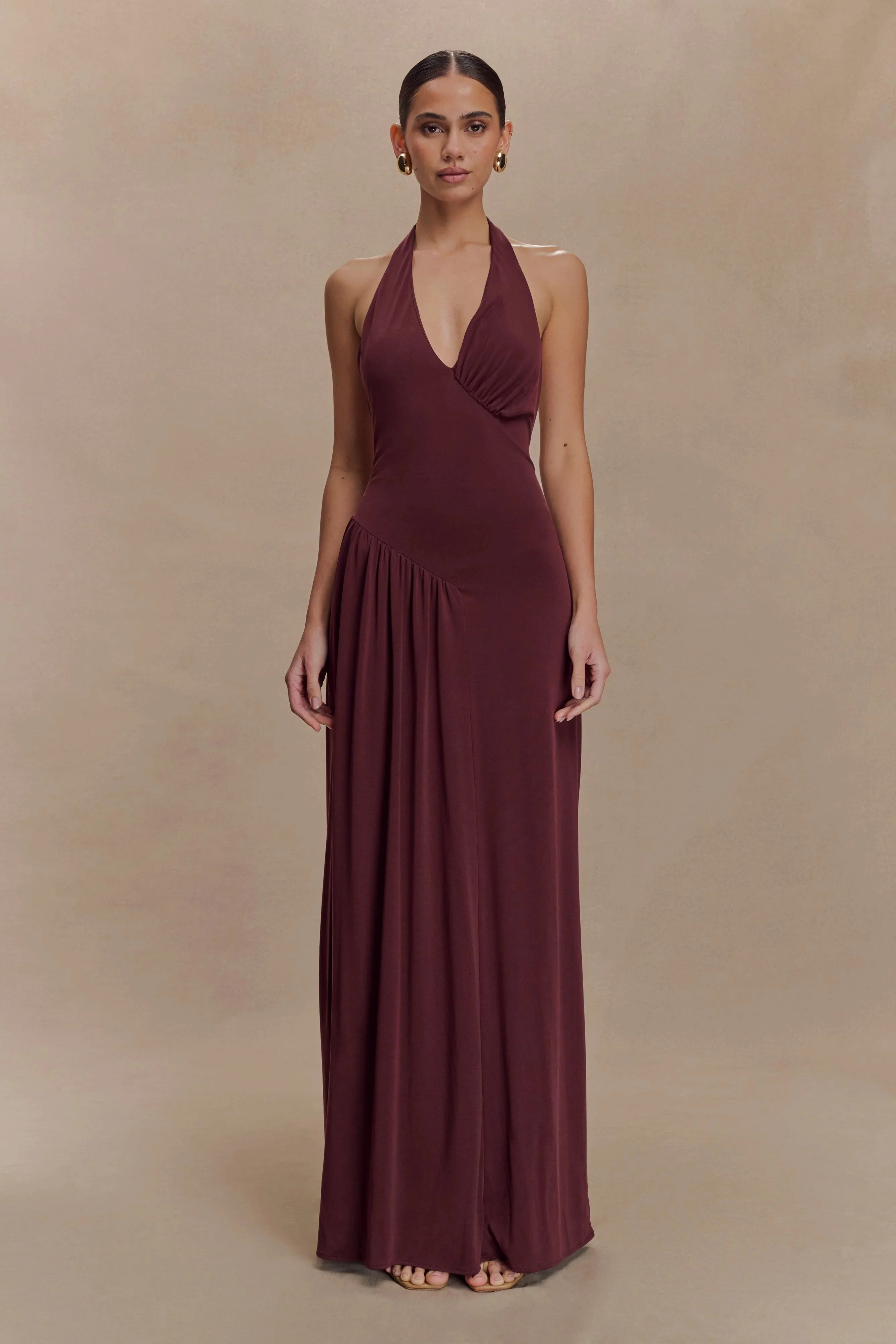 Yelena Ruched Halter Maxi Dress - Mahogany