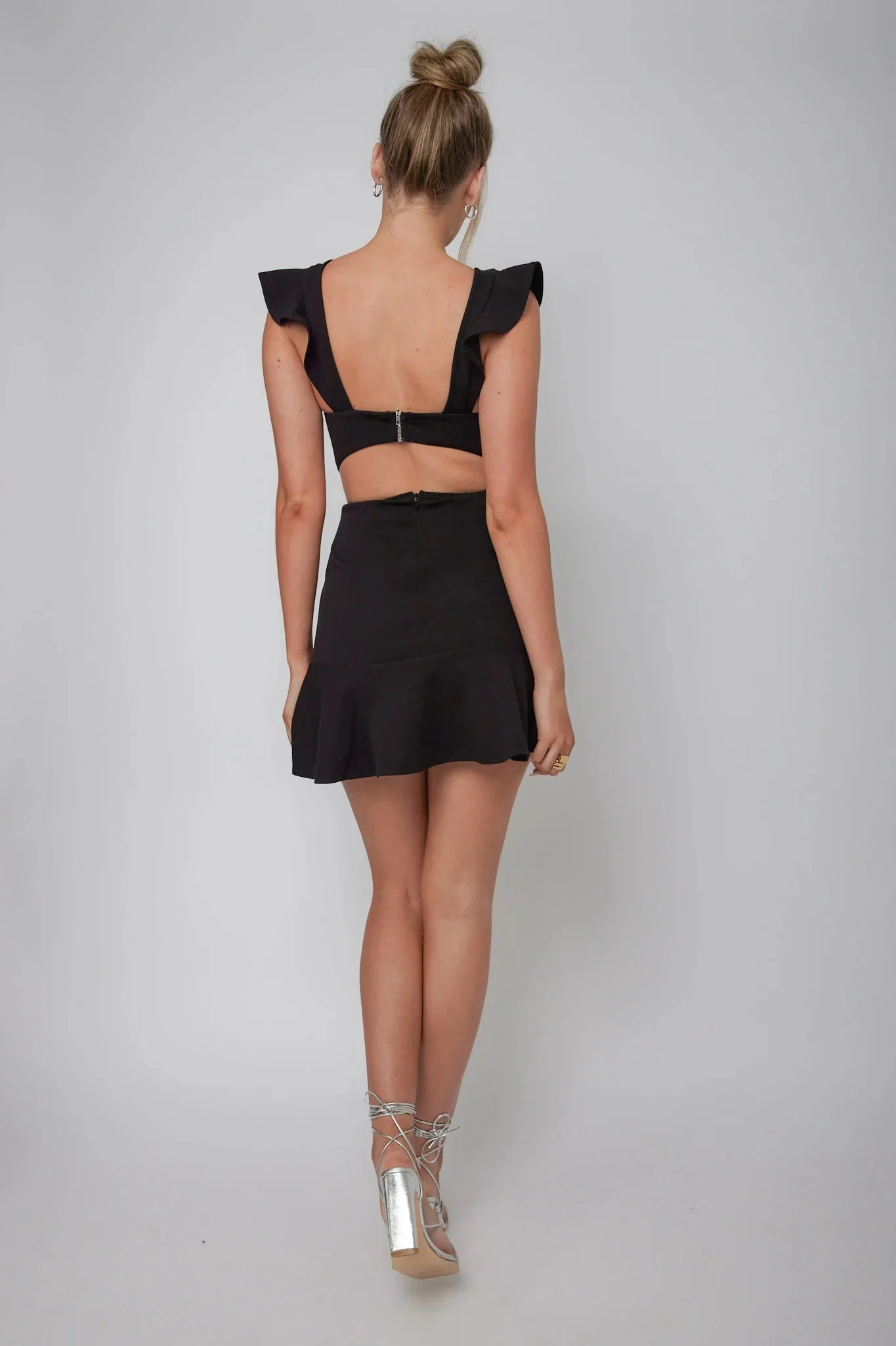 Jackie Wide Ruffle Hem Pinafore Dress Black