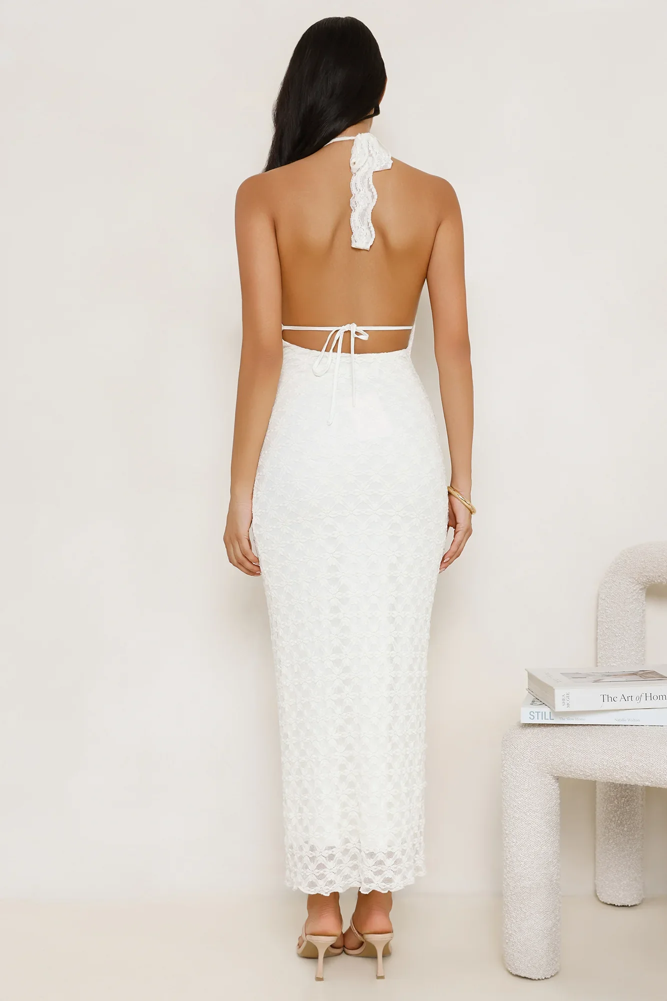 Lace Me Up Halter Maxi Dress Cream