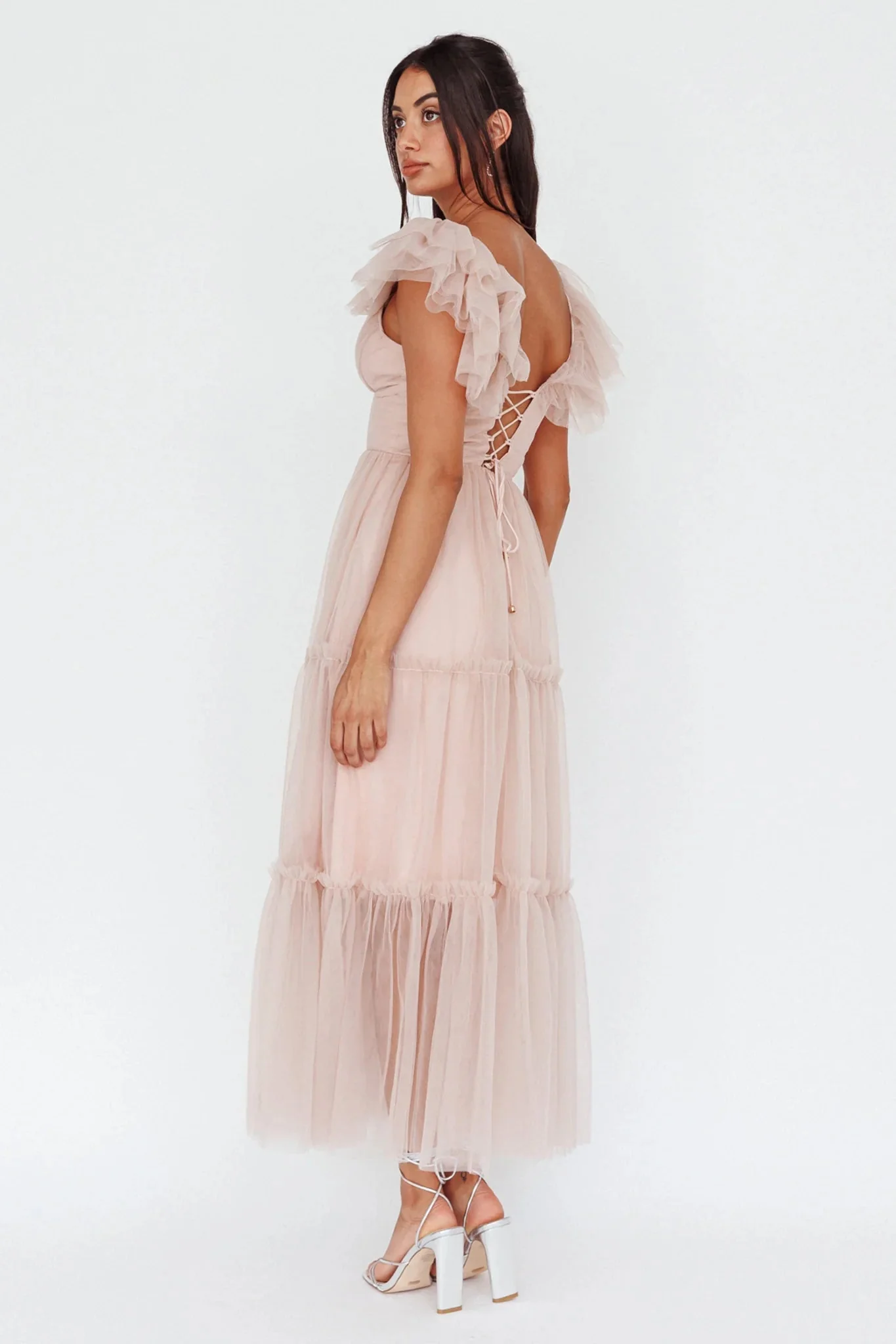 Amal Ruffle Shoulder Tulle Midi Dress Nude