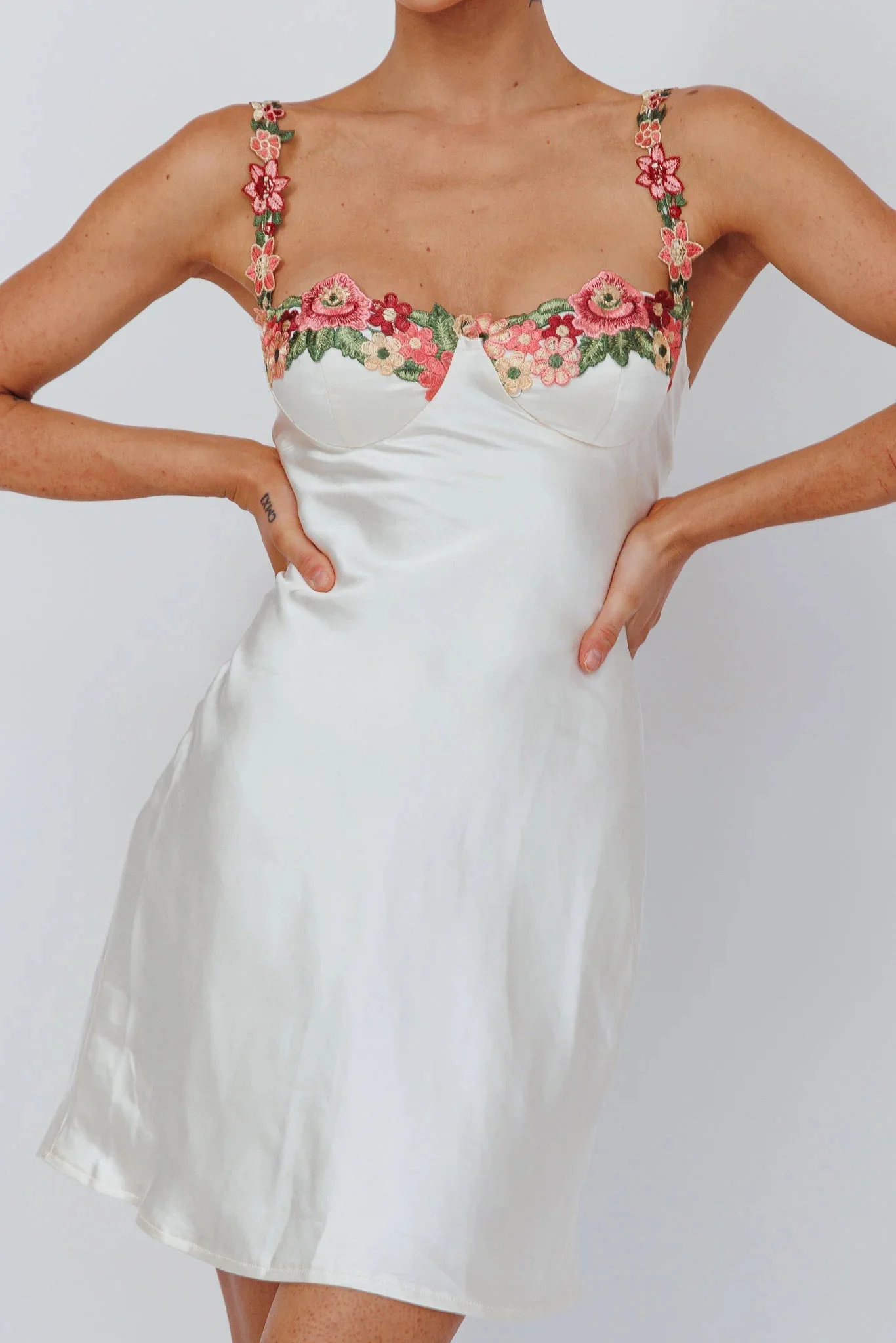 Rose Garden Floral Applique Mini Dress Oyster